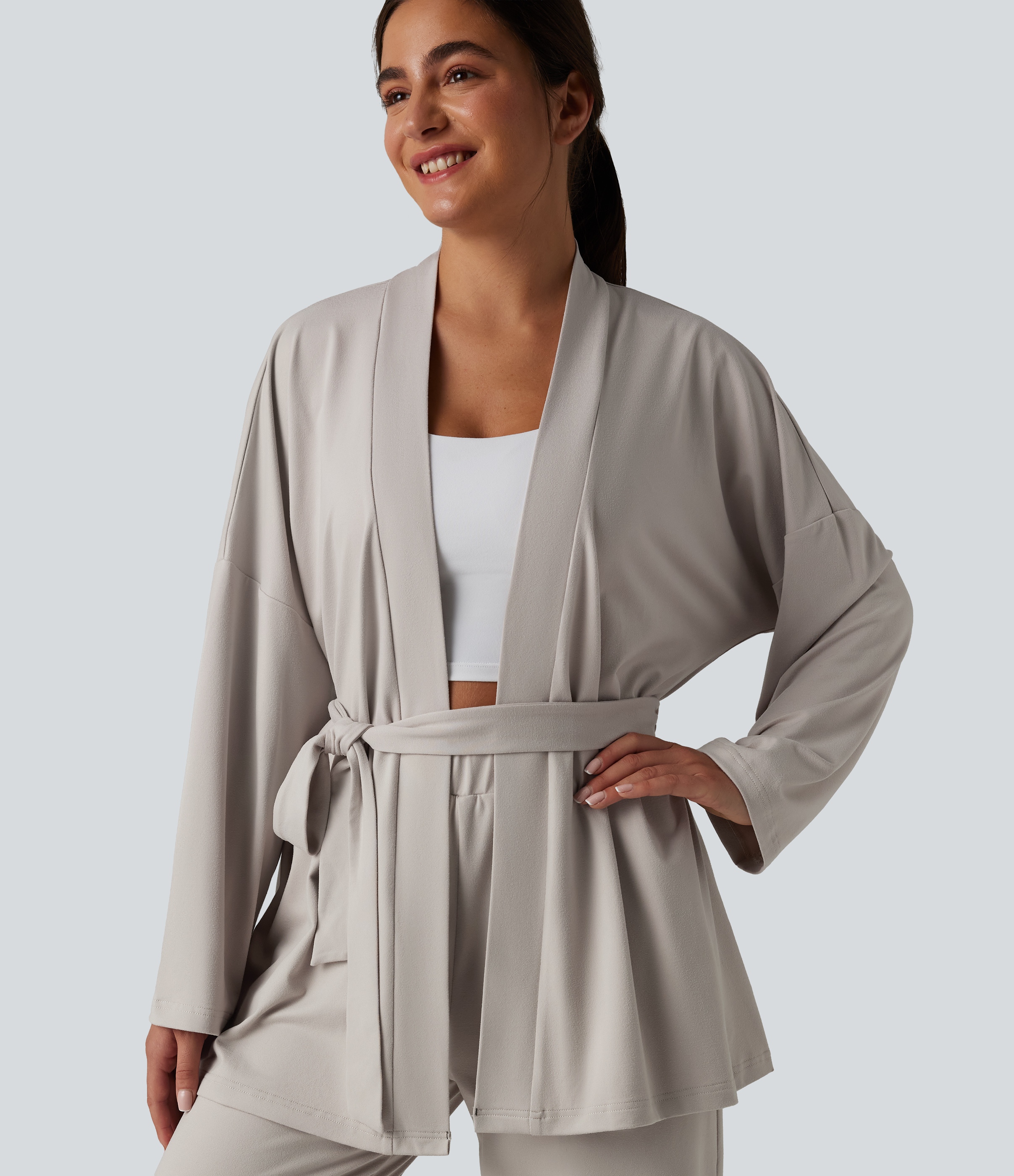 Open Front Long Sleeve Belted Lounge Top