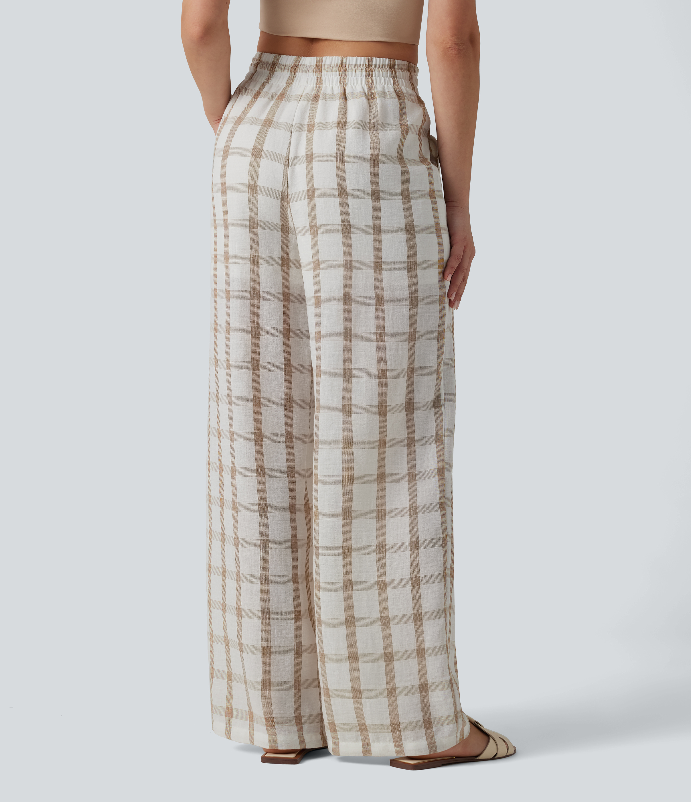 Olive Mirage Zebra High Waisted Drawstring Plaid Linen-Feel Casual Baggy Pants with Pockets / 2