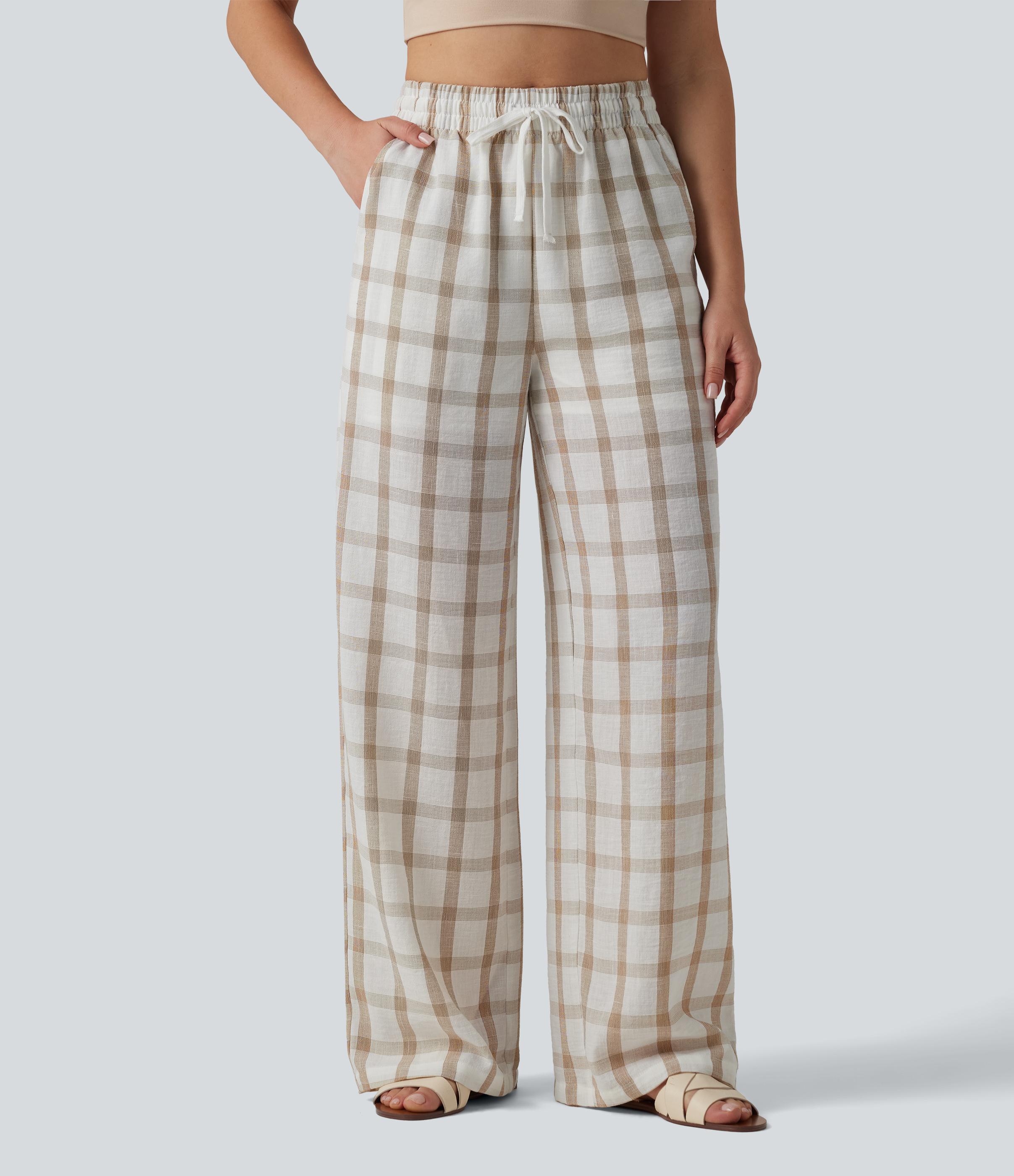 High Waisted Drawstring Plaid Linen-Feel Casual Baggy Pants with Pockets