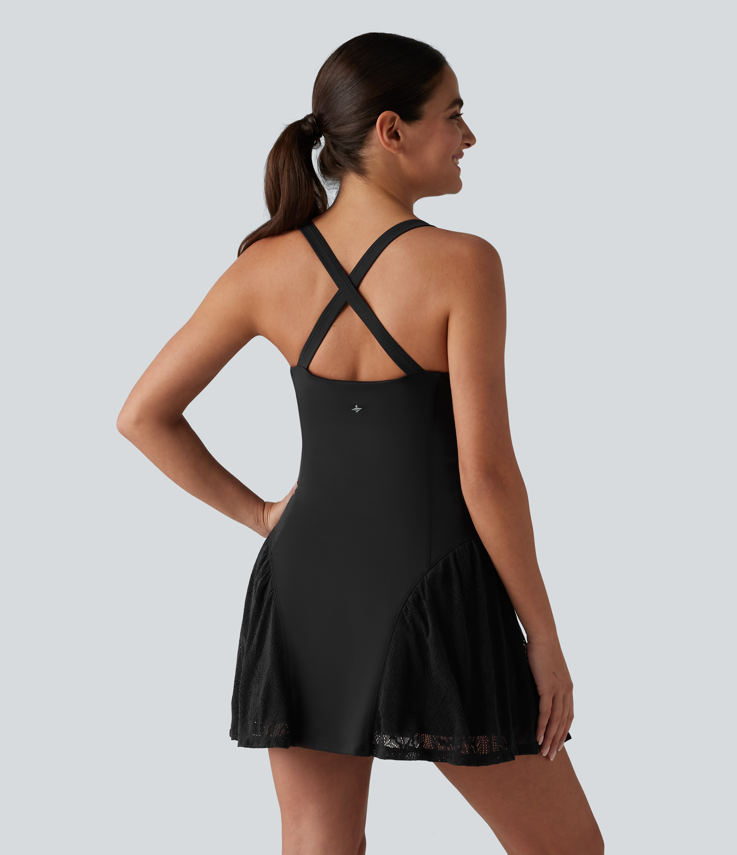 Black SoftlyZero™ Airy Crisscross Back Contrast Lace Built-in Bra InstantCool Tennis Active Dress with Pockets-Easy Peezy / 2