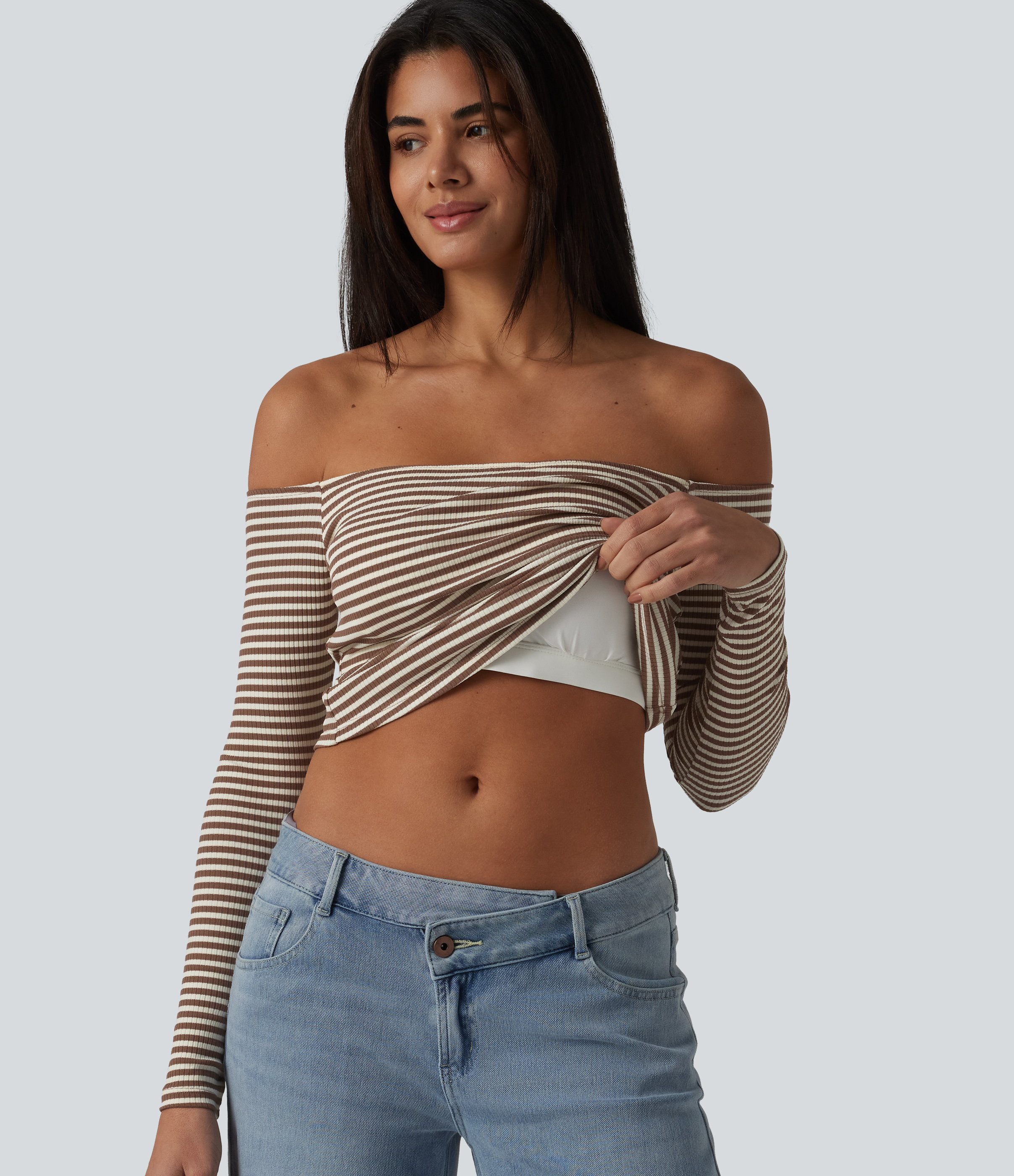 Ribbed Knit Off Shoulder Long Sleeve Built-in Bra Stripe Casual T-Shirt