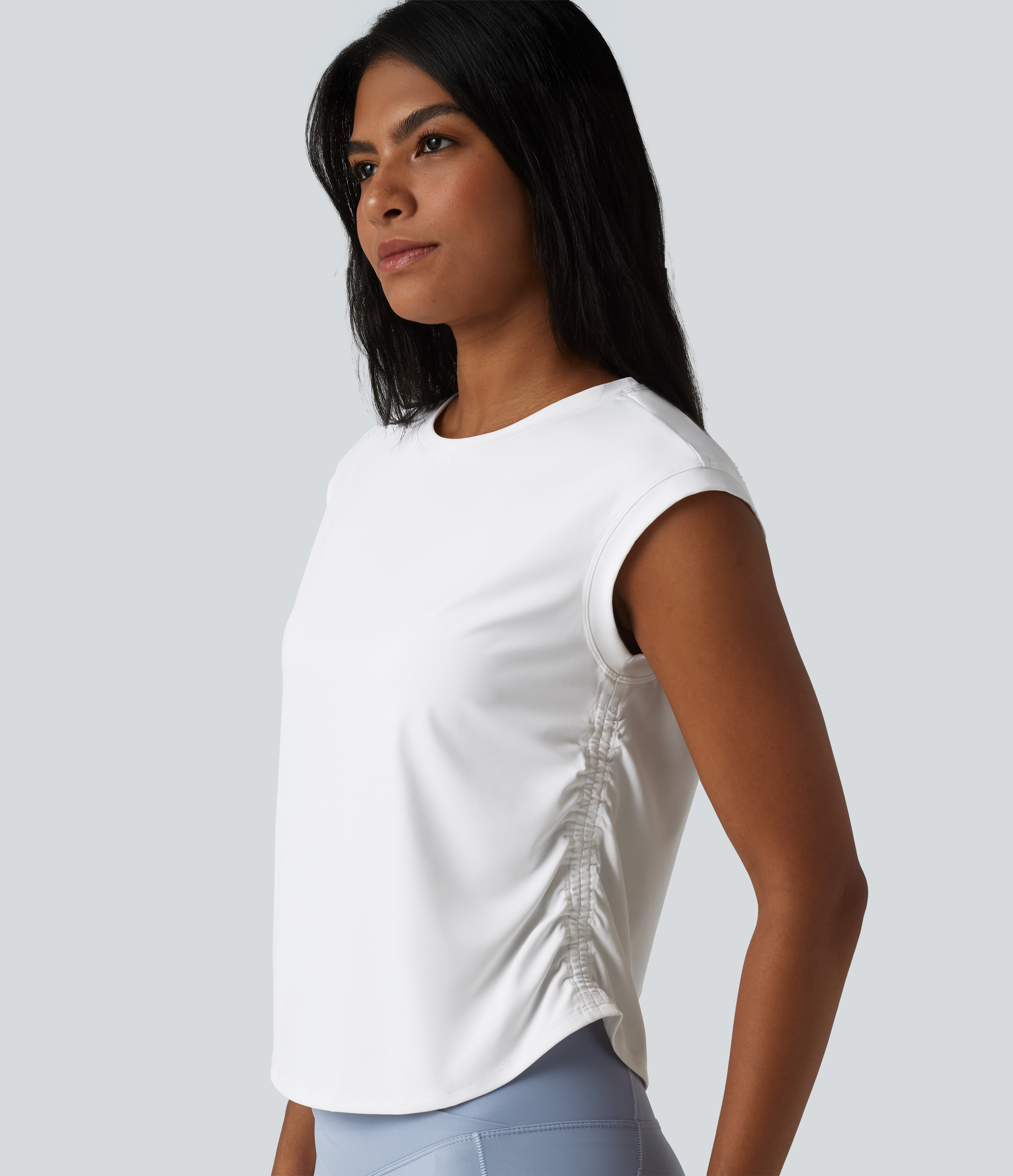 SoftlyZero™ QuickDry Round Neck Cap Sleeve Ruched Curved Hem Yoga Sports Top