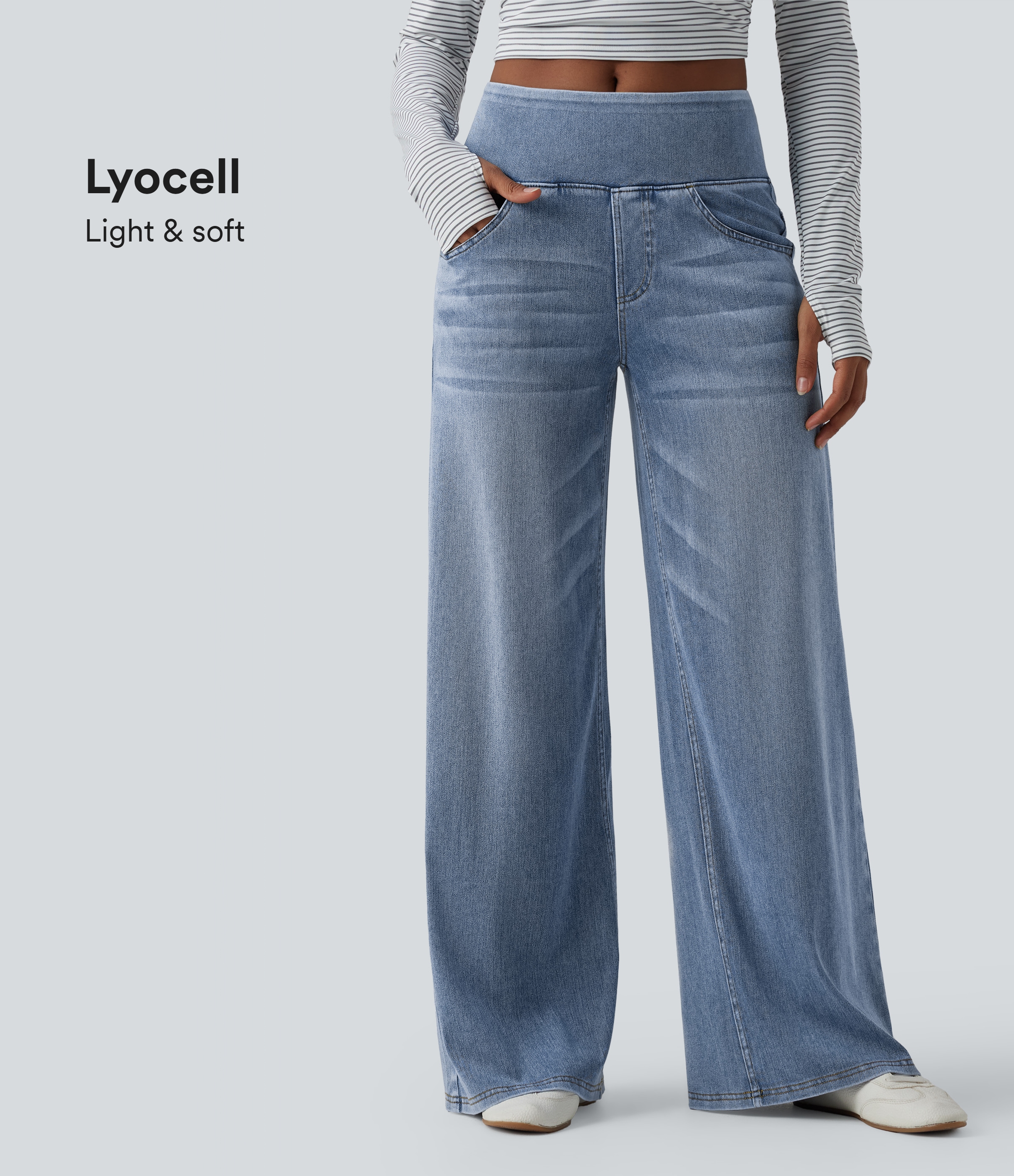 Halara Flex™ Mid Rise Draped Lyocell Washed Casual Baggy Wide Leg Jeans with Pockets
