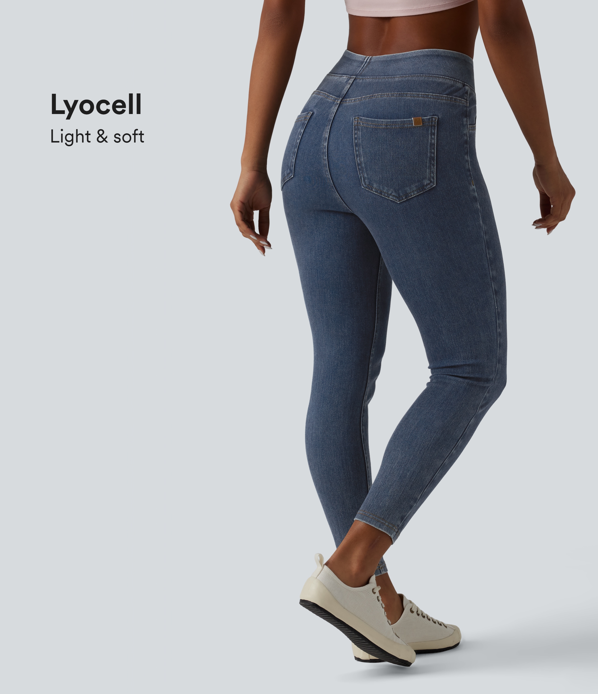 Tide Blue Denim Halara Flex™ High Waisted Draped Lyocell Denim Casual 7/8 Leggings with Pockets / 1
