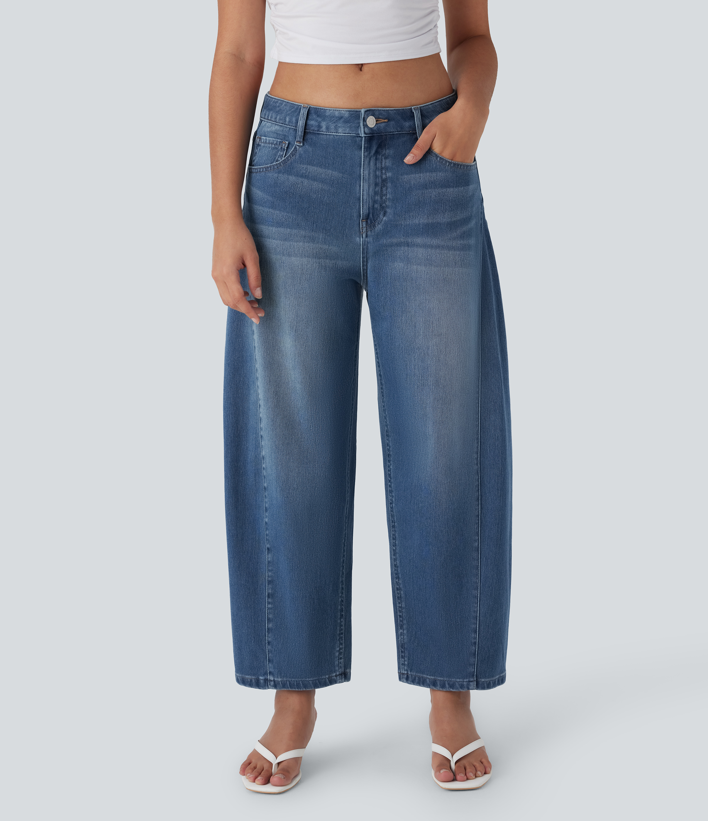 Jean Barrel 7/8 décontracté taille mi-haute délavé Halara Flex™ avec poches