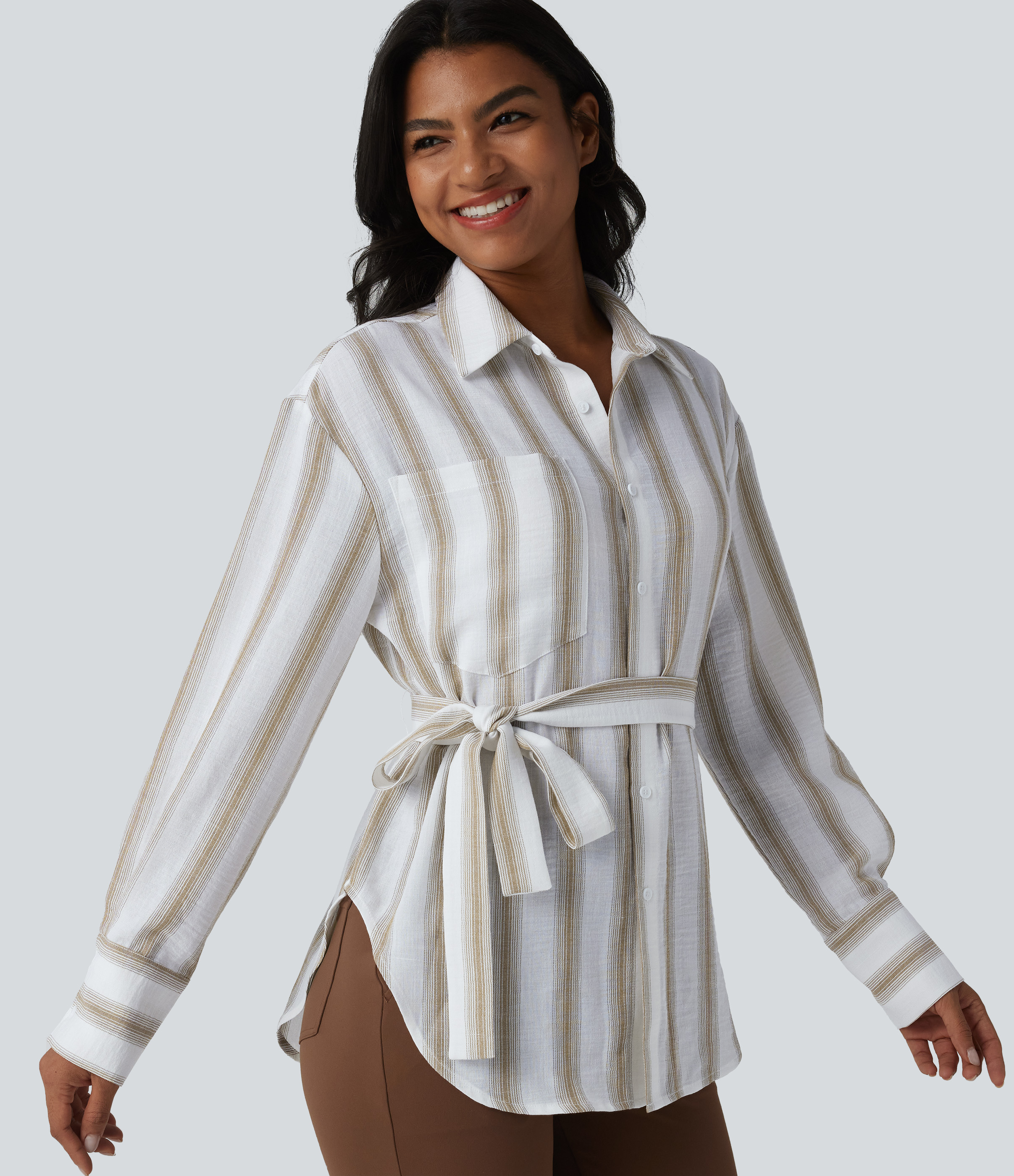 Chemise de travail à manches longues, ceinturée, ourlet arrondi, à rayures, effet lin, avec poche