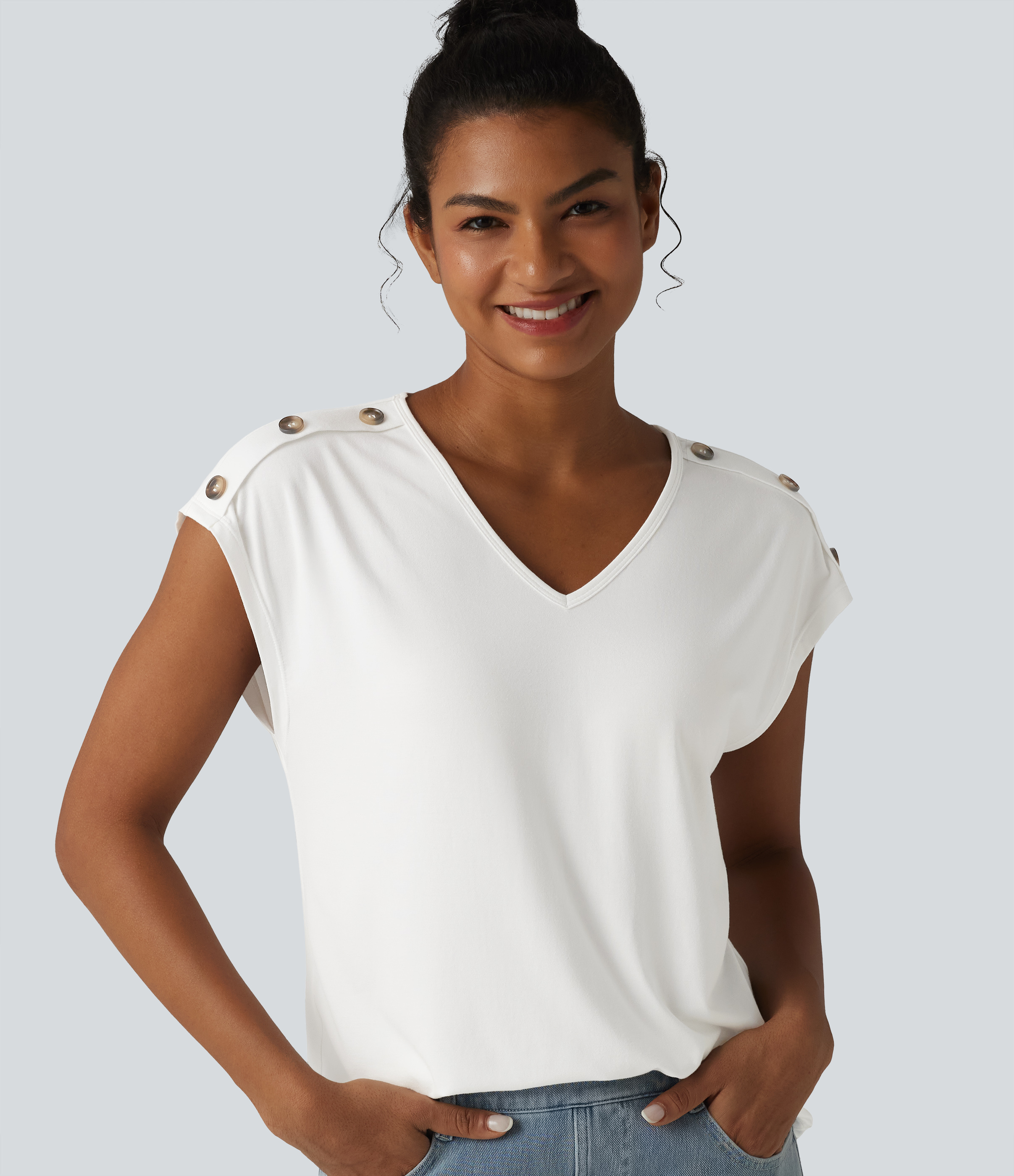 V Neck Decorative Button Cap Sleeve Relaxed Casual T-Shirt