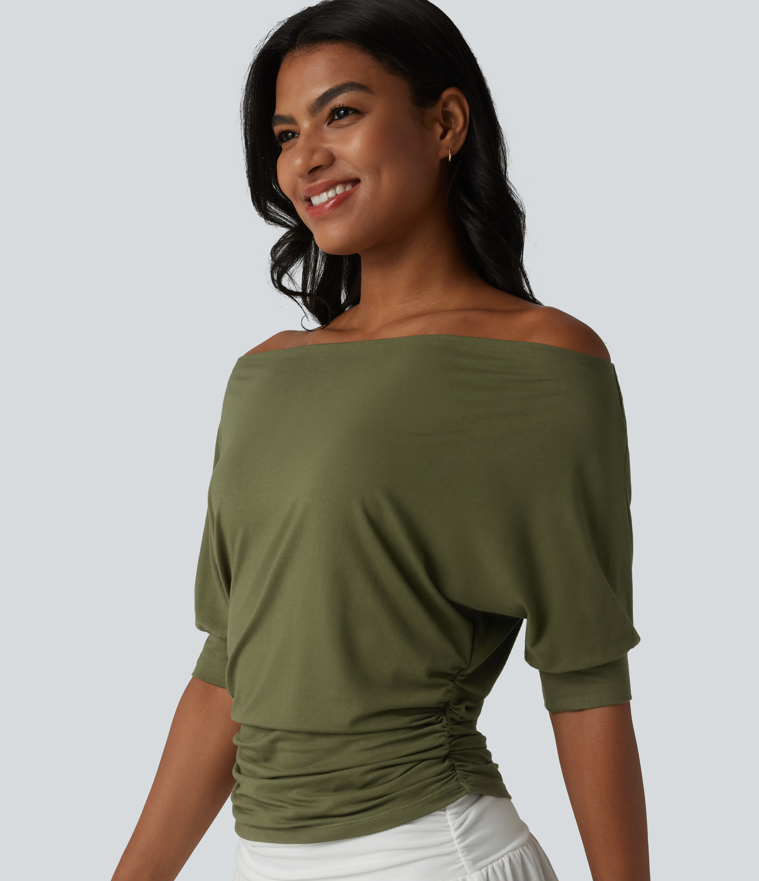 Haut décontracté épaules dénudées manches courtes froncé