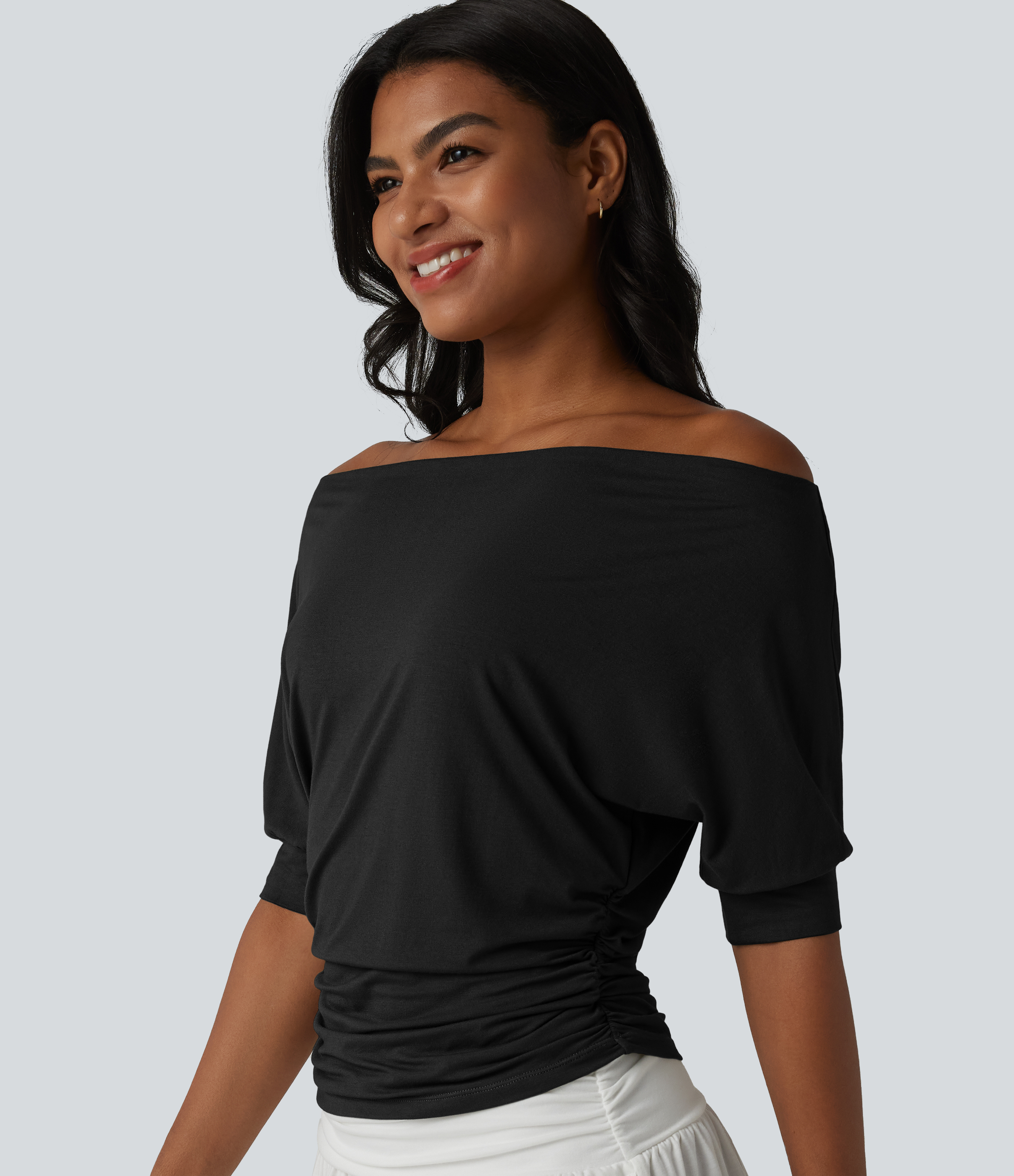 Off-shoulder Short Sleeve Ruched Casual Top