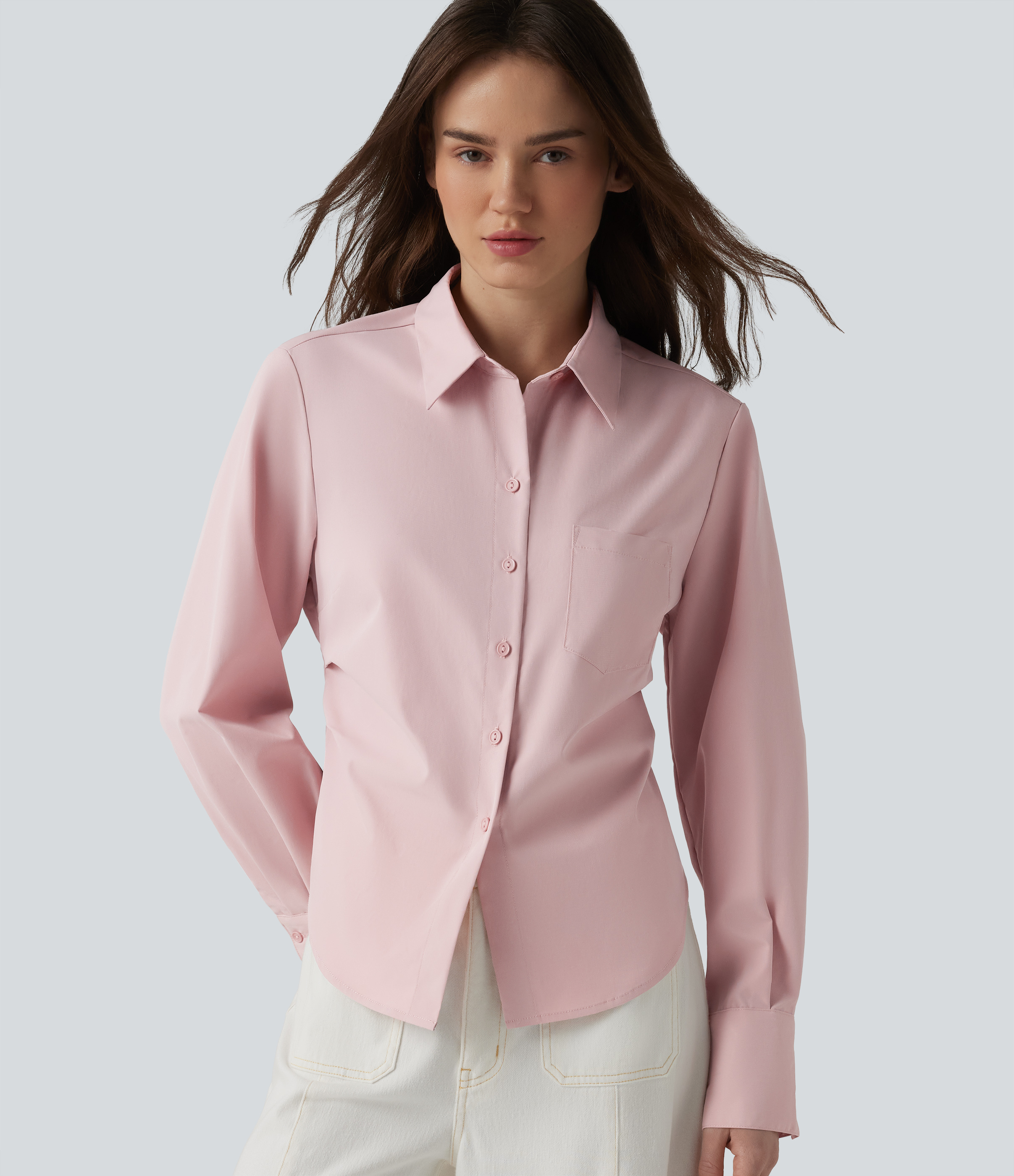 Long Sleeve Curved Hem Casual Shirt with Pocket