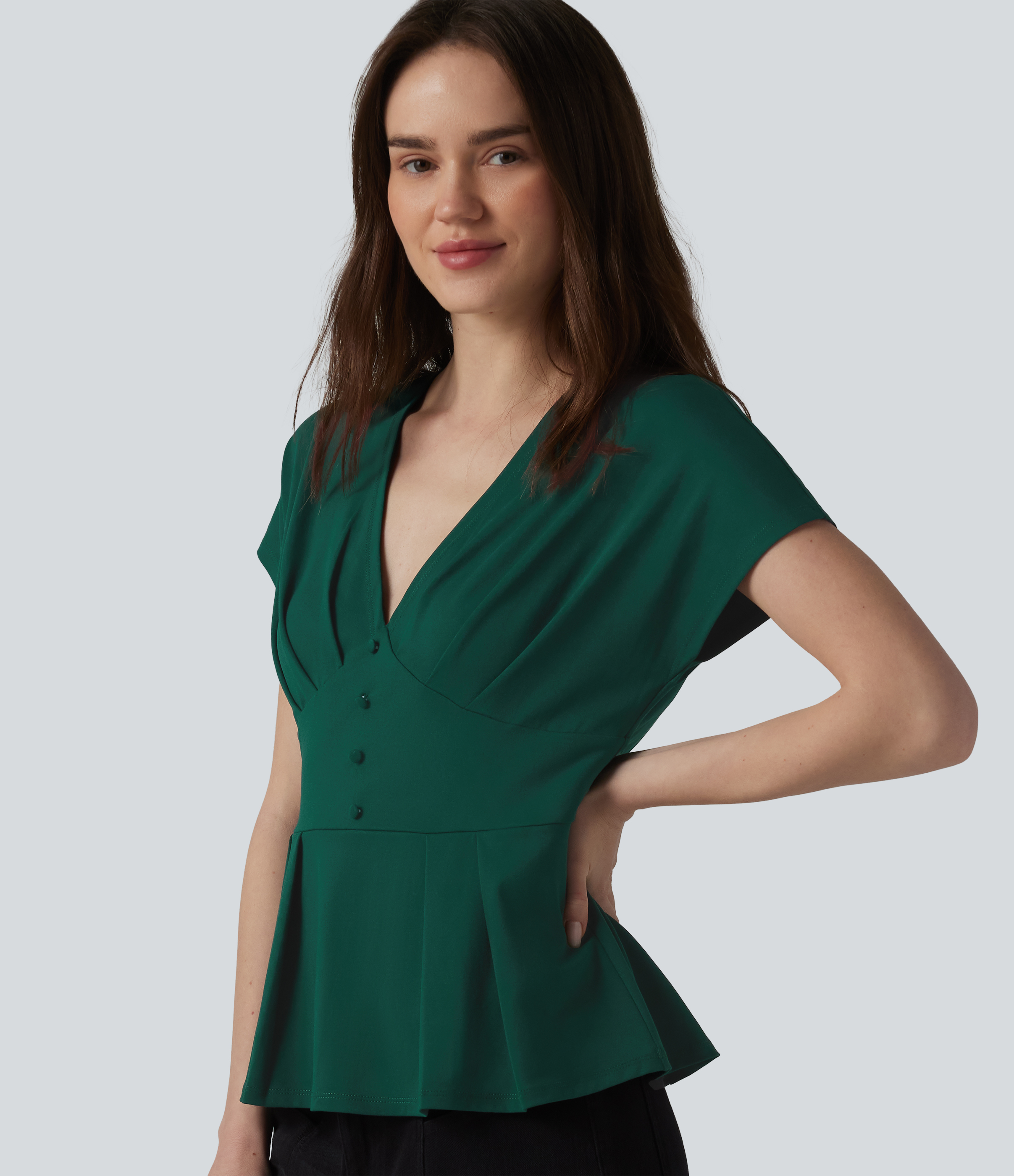 V-neck Batwing Short Sleeve Pleated Casual Peplum Top