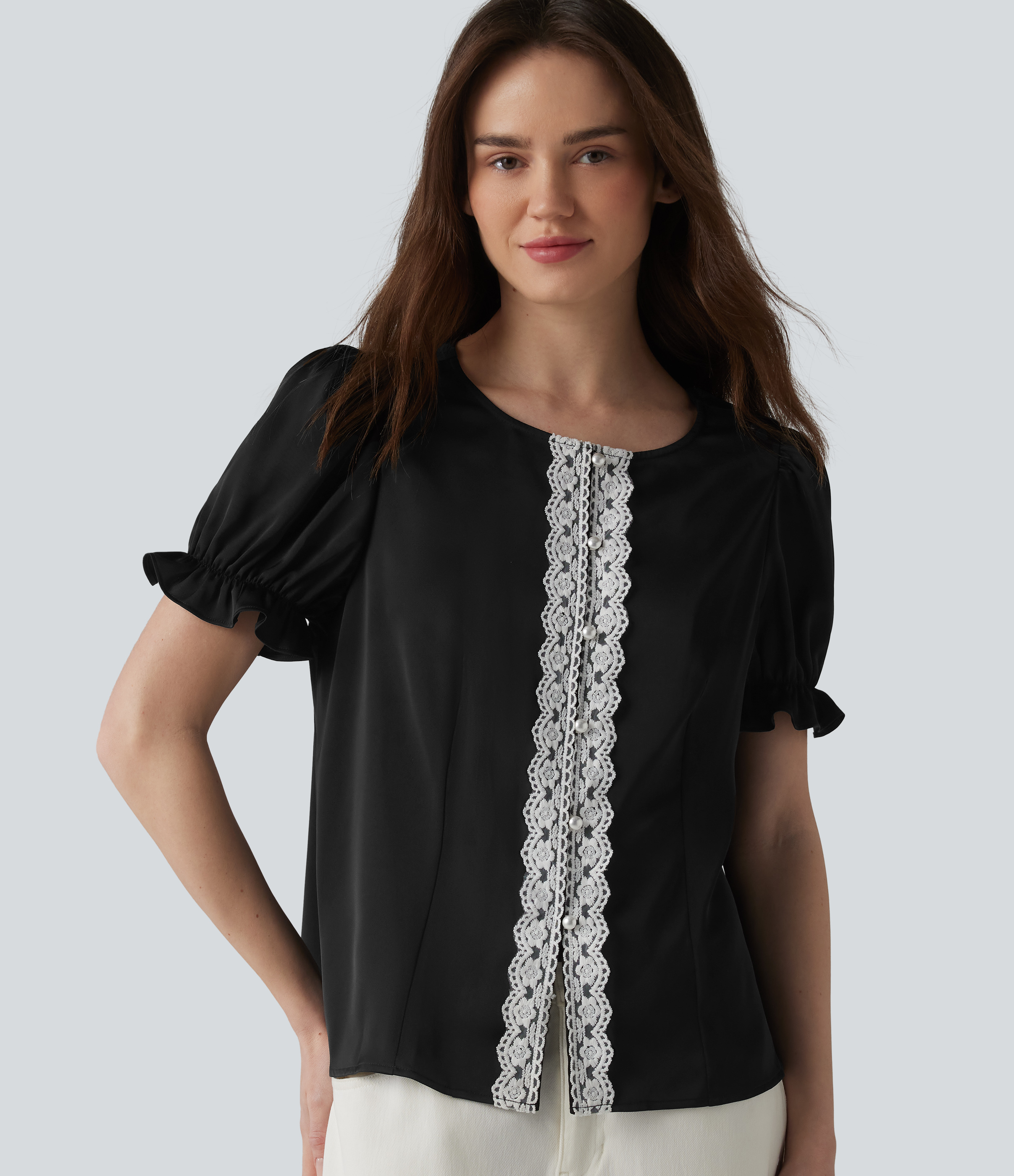 Round Neck Puff Short Sleeve Contrast Lace Casual Blouse