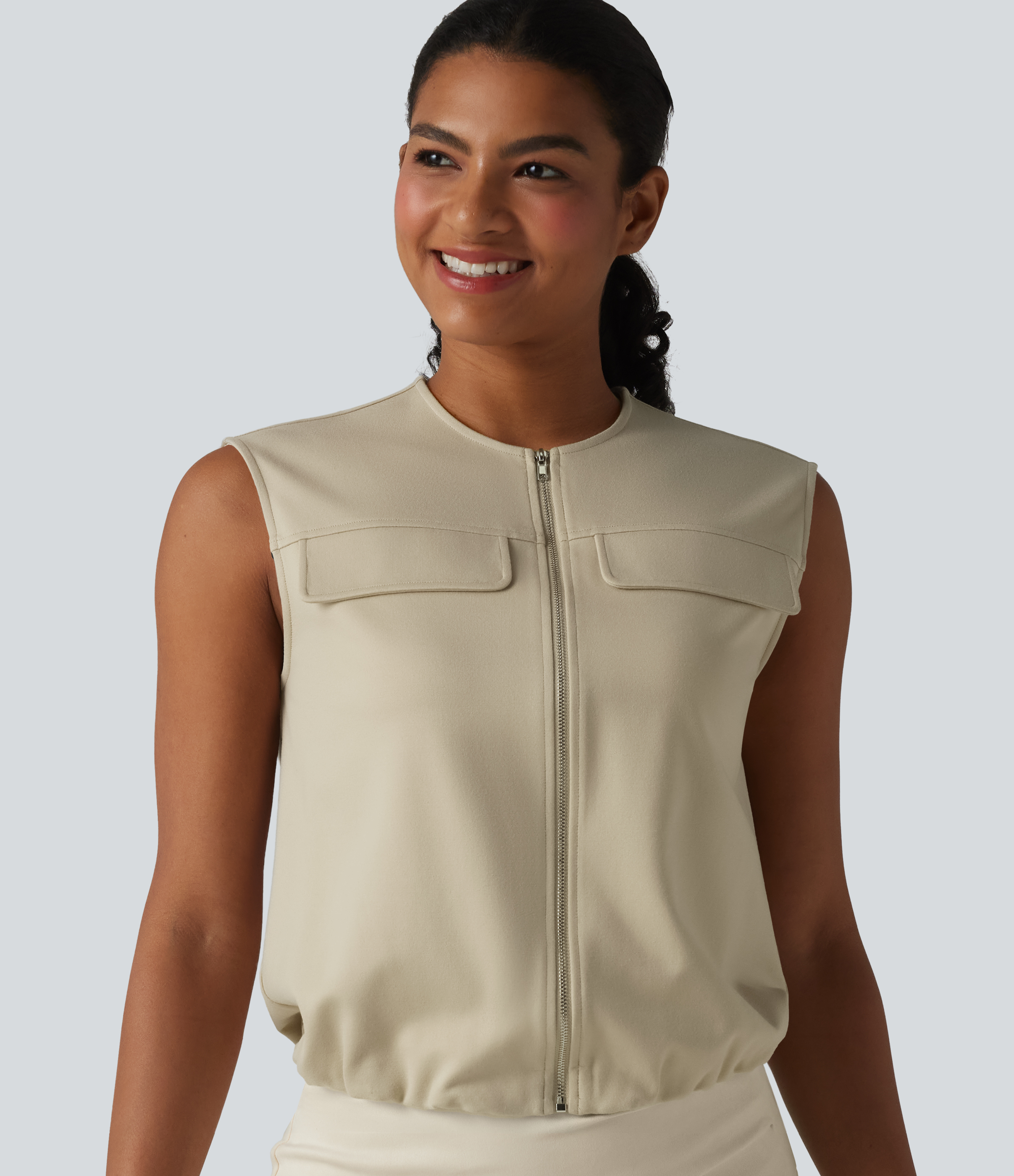 Brown Rice Round Neck Zip Fly Relaxed Work Tank Top / 1