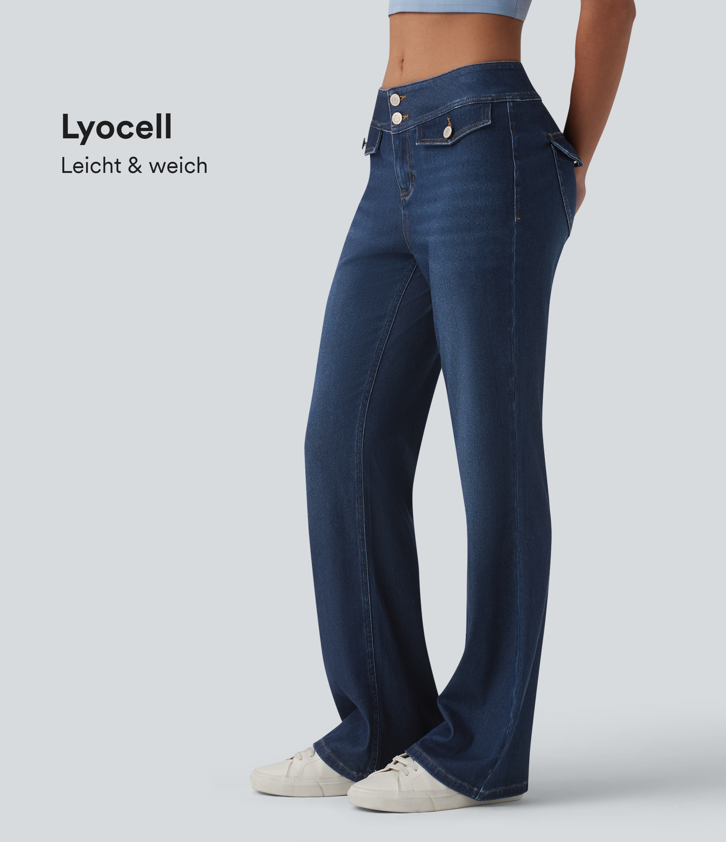 Halara Flex™ - Lässige, verwaschene Flare-Jeans aus drapiertem Lyocell mit niedrigem Bund und Taschen