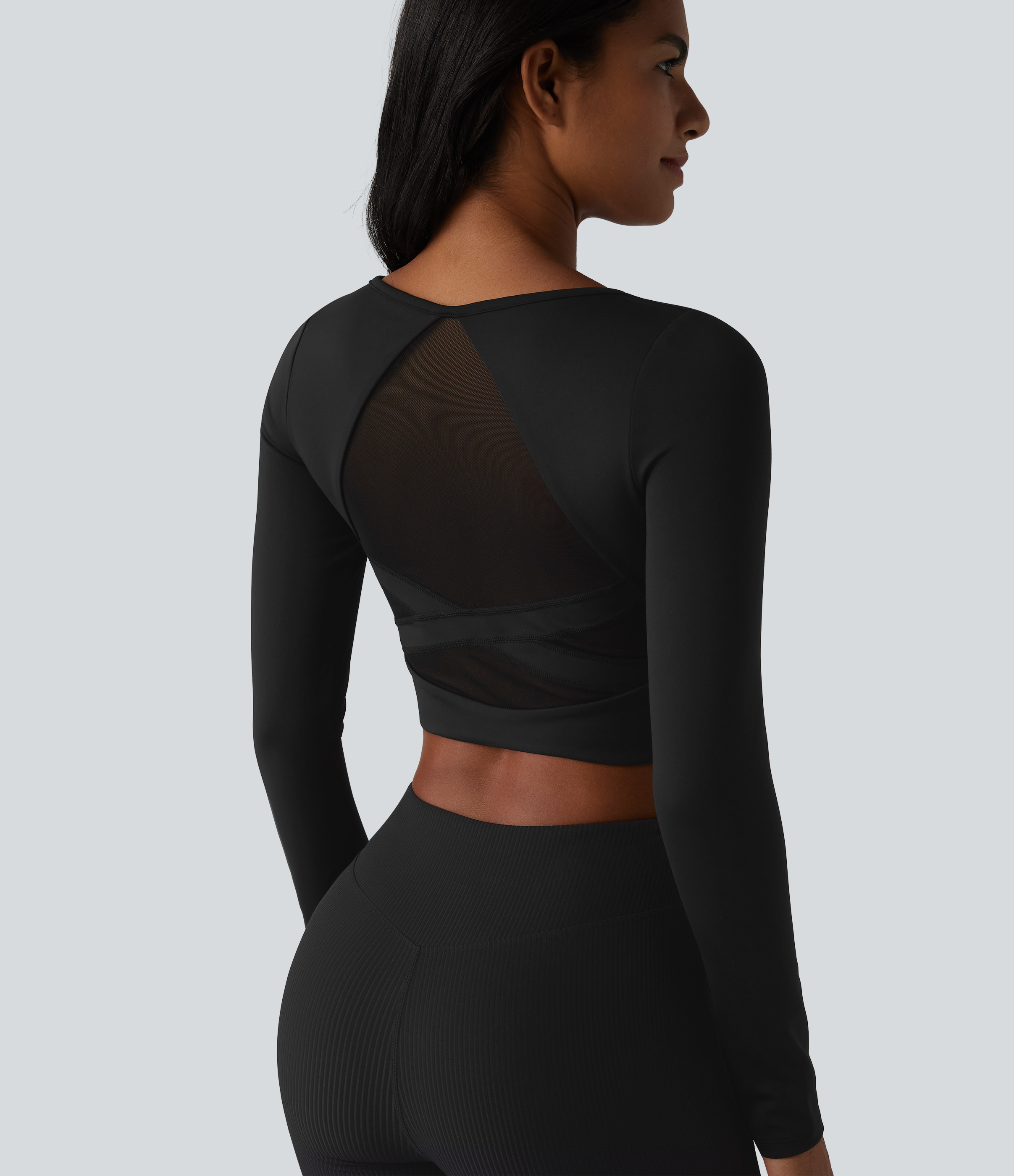Women's Long Sleeve Breathable Mesh Built-in Bra Yoga Sports Top