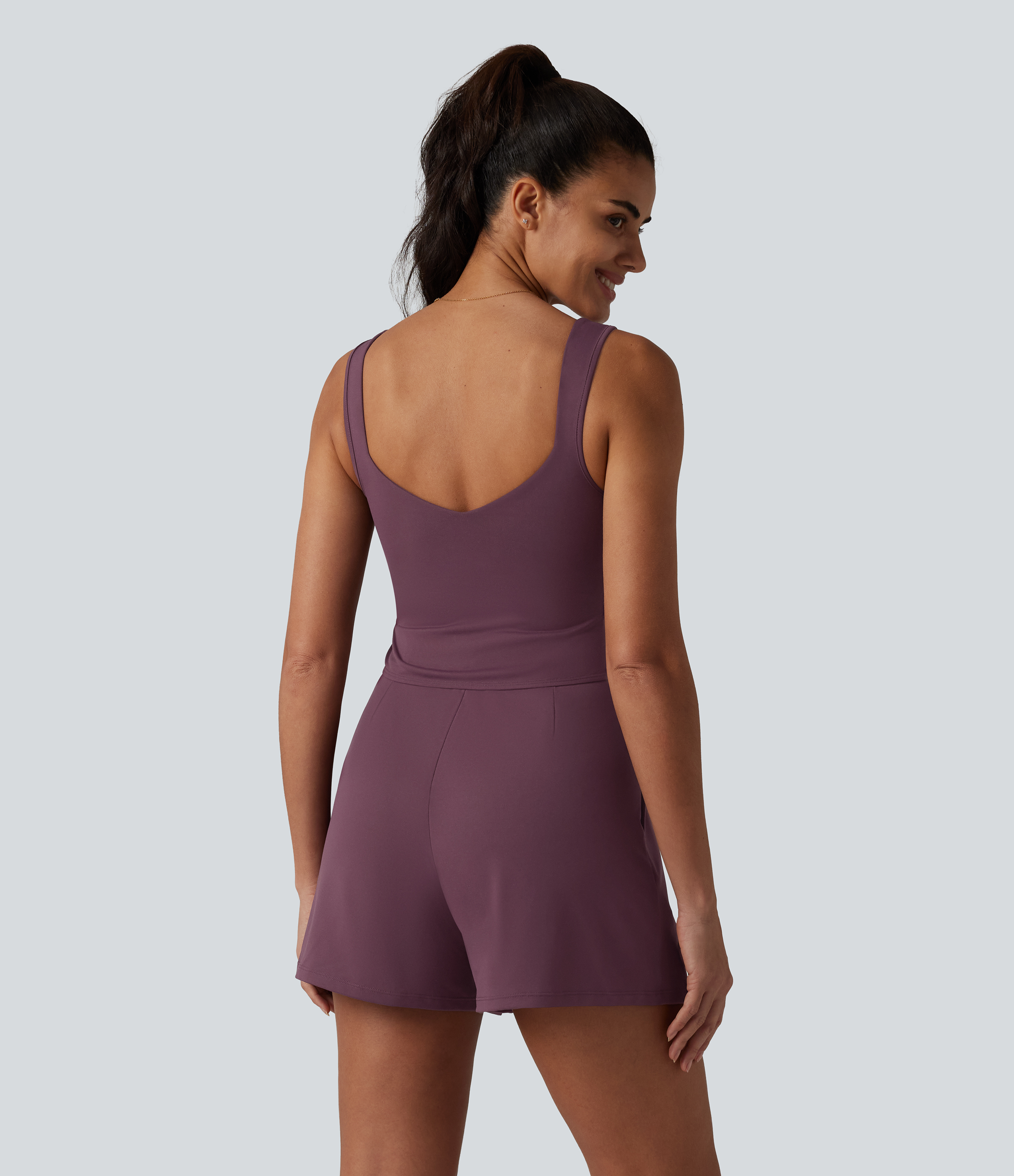Plum Wine V Neck Built-in Bra Casual Playsuit with Pockets-Easy Peezy Edition / 2