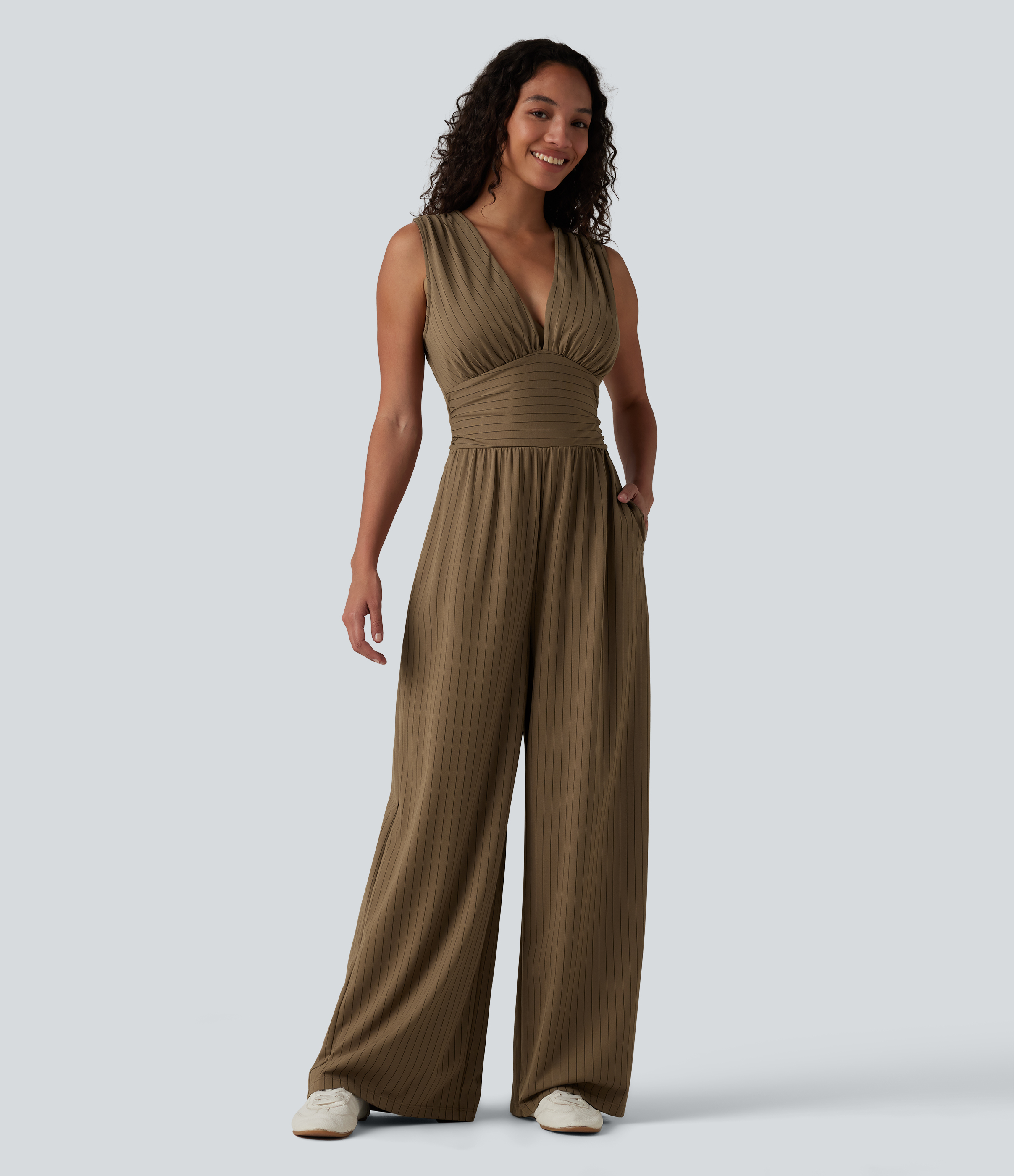 Women's V Neck Sleeveless Ruched Stripes Work Jumpsuit with