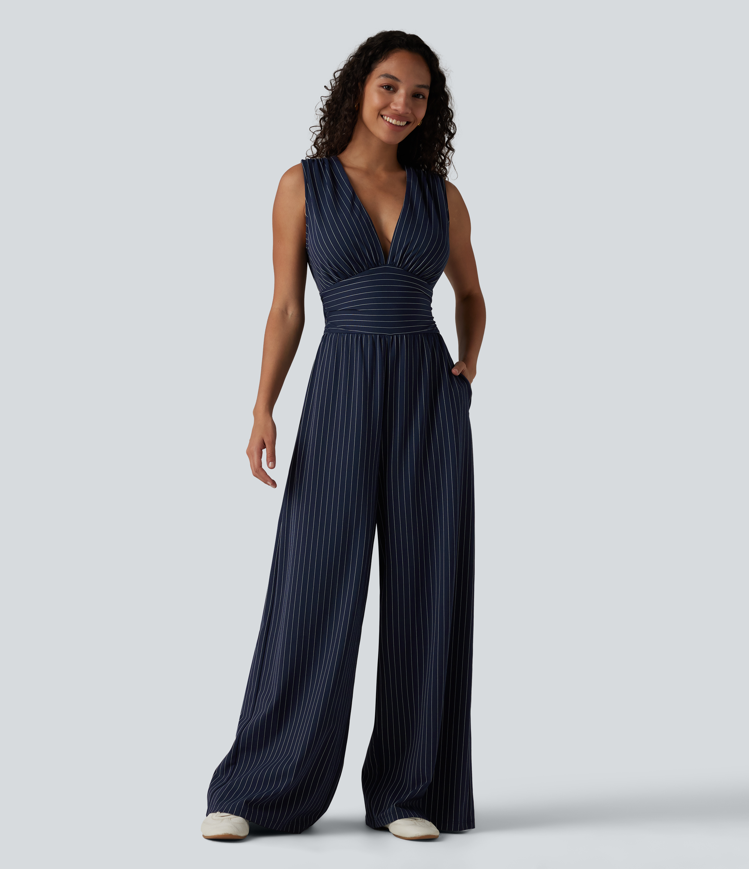 Women's V Neck Sleeveless Ruched Stripes Work Jumpsuit with