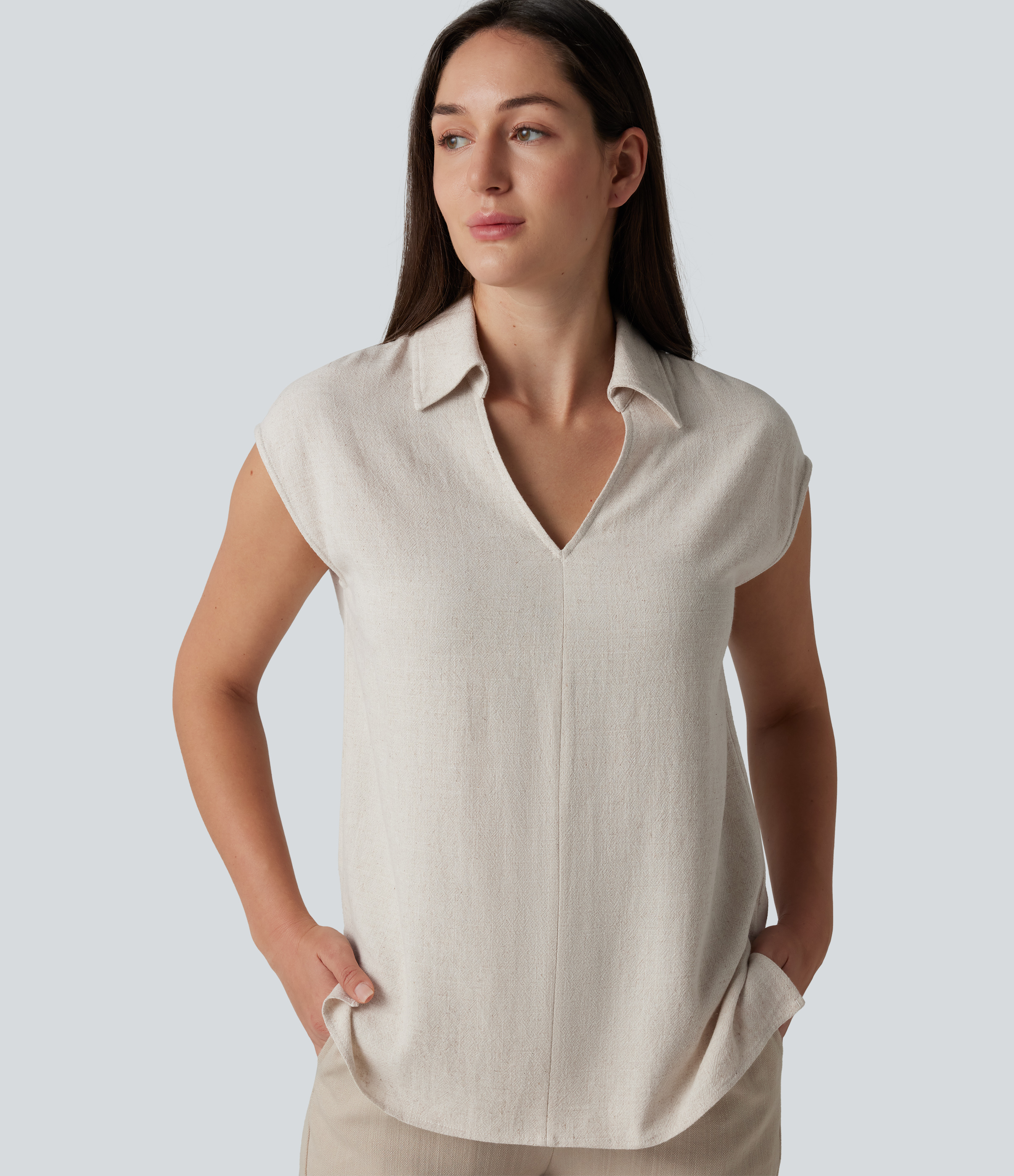 V-neck Sleeveless Split Hem Work Linen-Blend Blouse