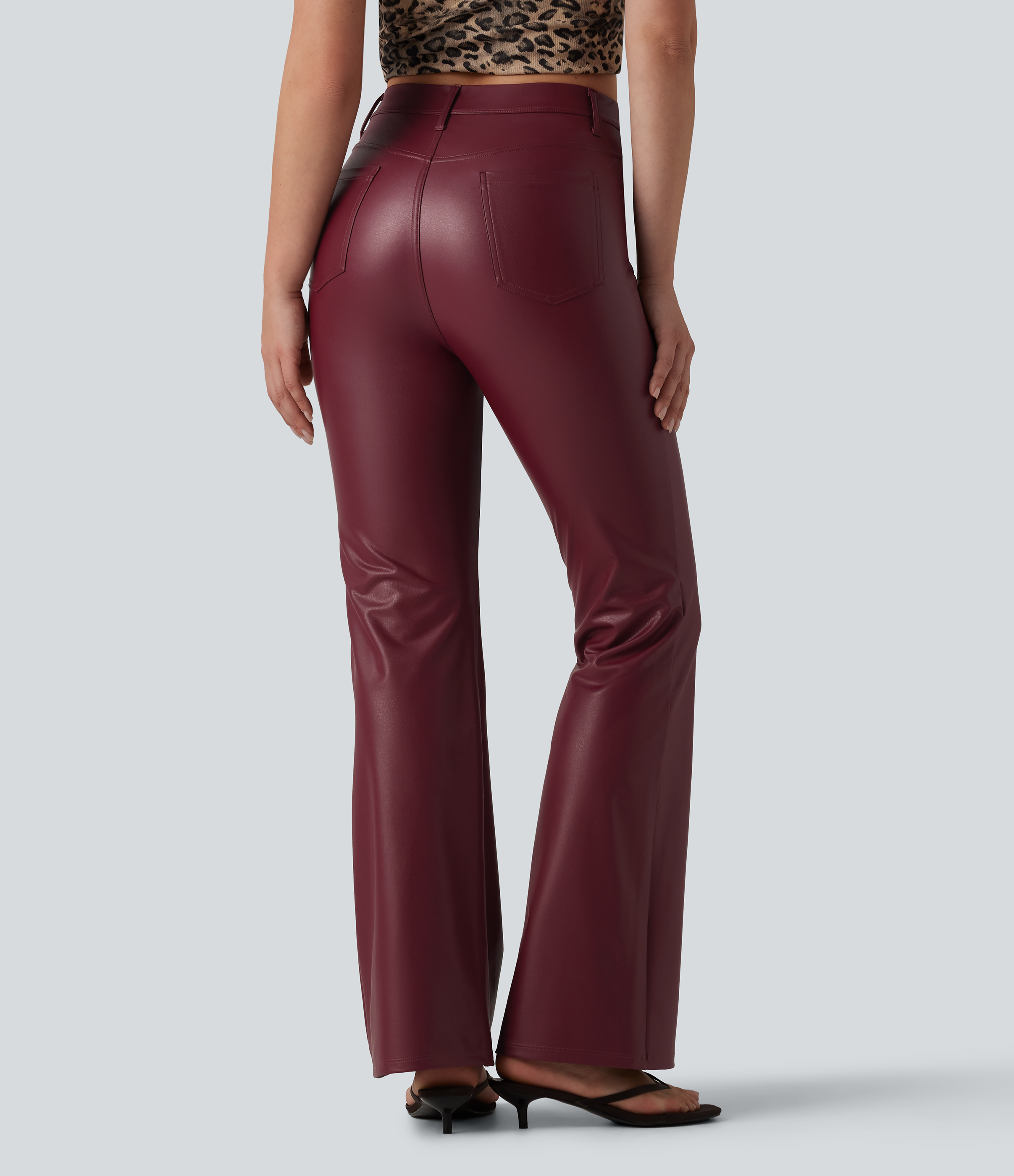 Pantalon casual bootcut taille haute en PU extensible avec poches