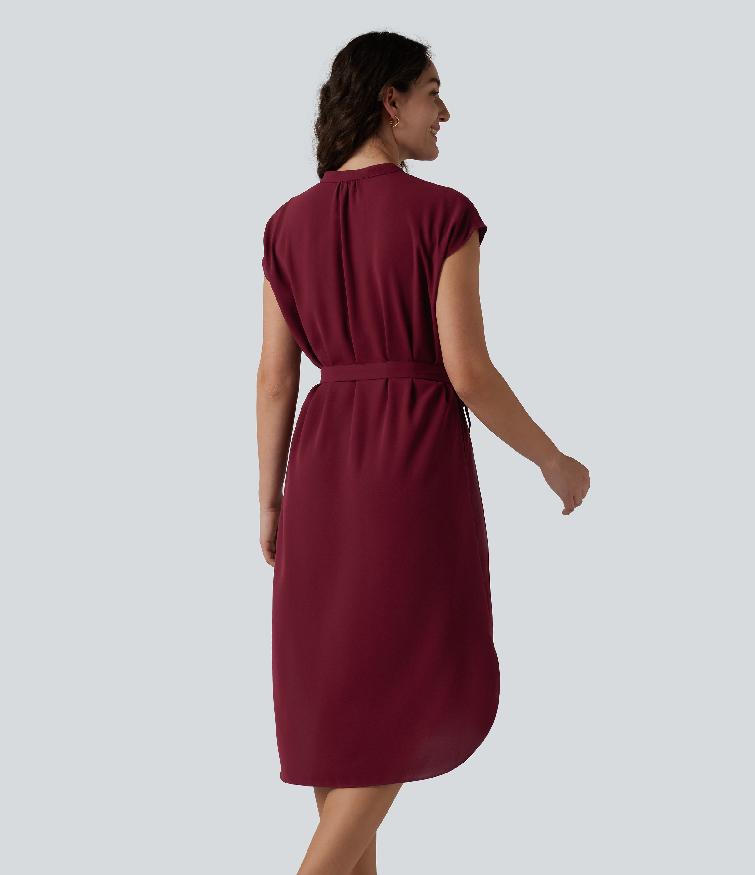 Cabernet Short Sleeve Belted Curved Hem Midi Work Shirt Dress with Pockets / 2