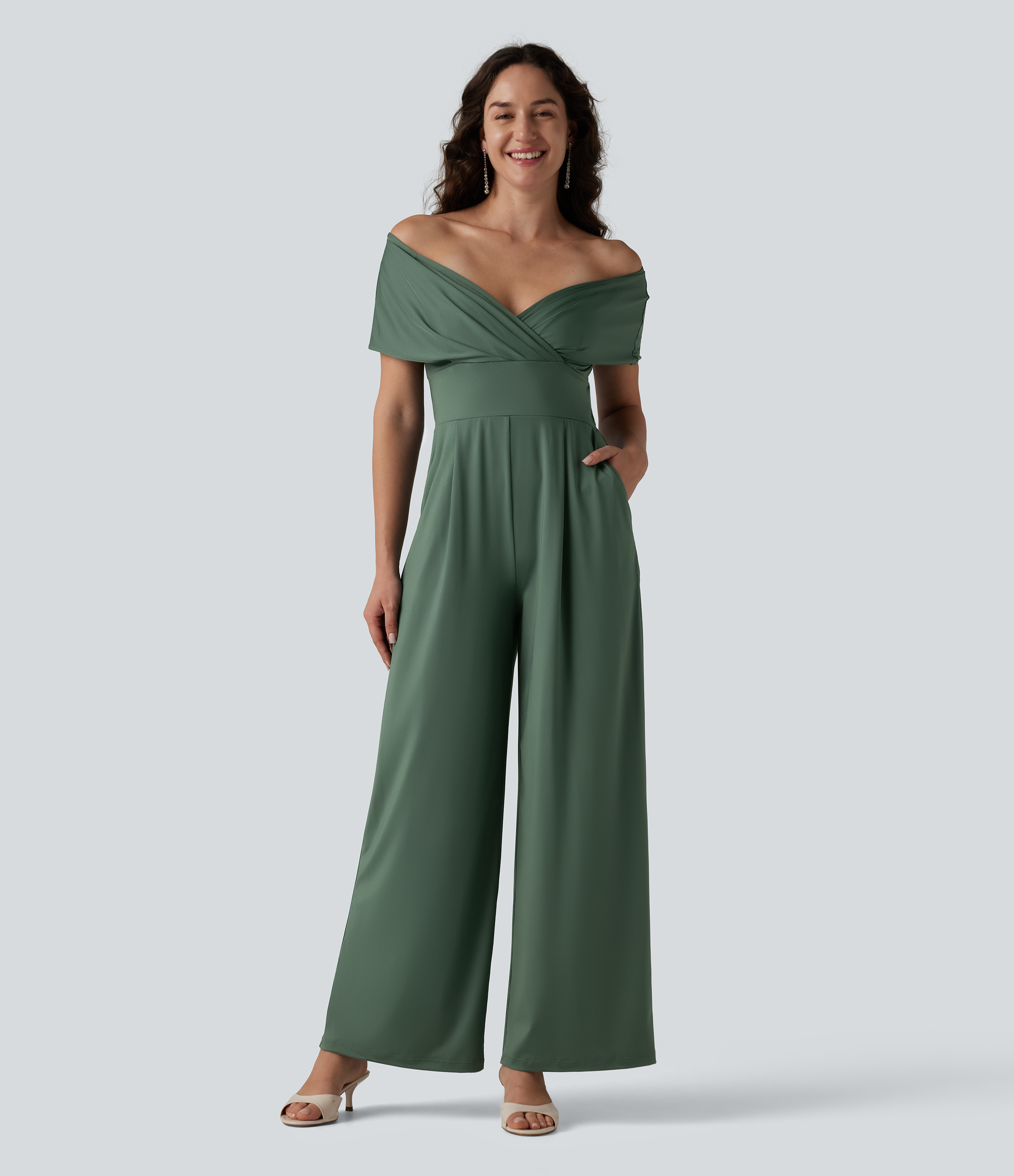 Off Shoulder Short Sleeve Built-in Bra Casual Jumpsuit with Pockets-Easy Peezy Edition