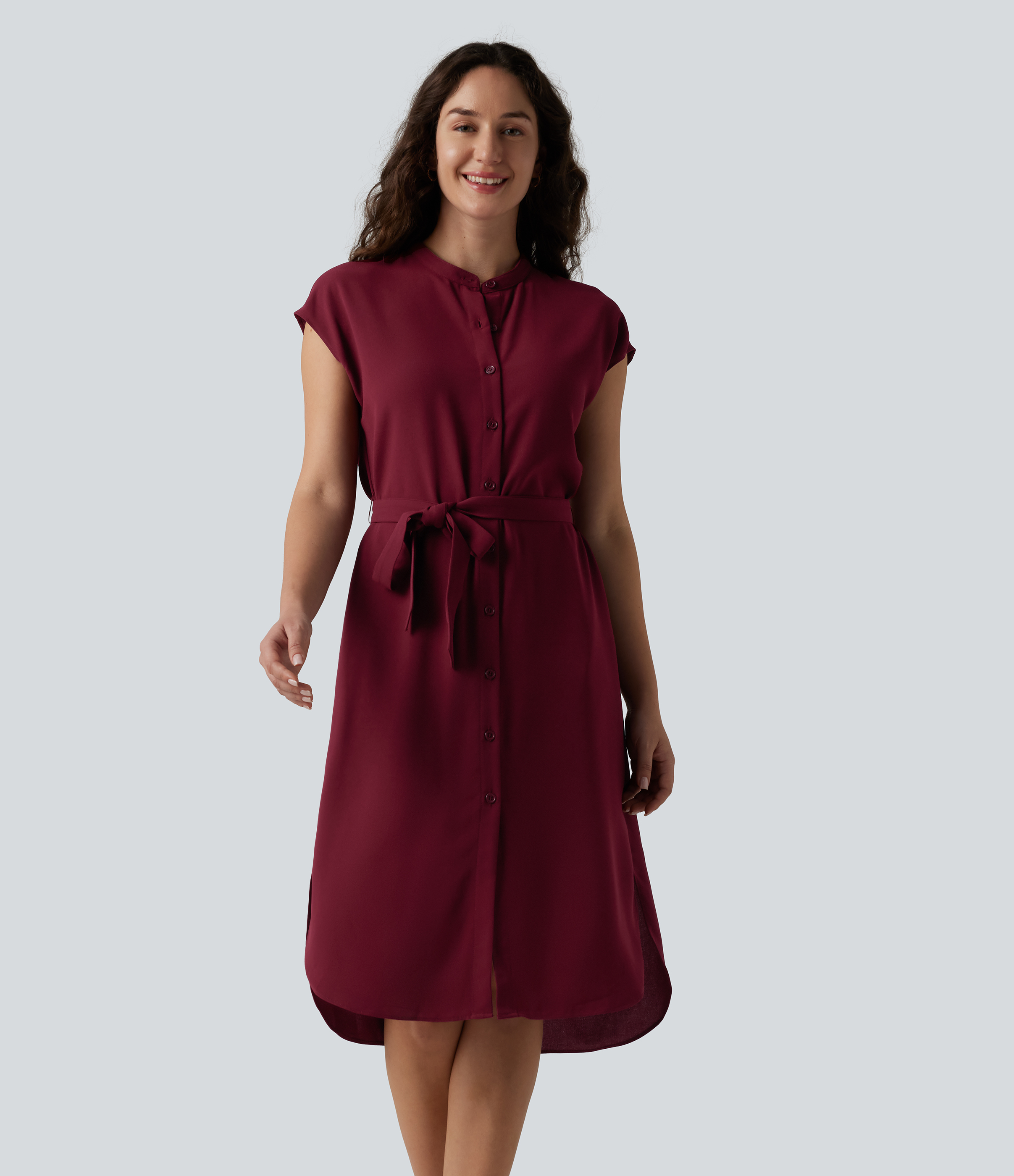 Short Sleeve Belted Curved Hem Midi Work Shirt Dress with Pockets
