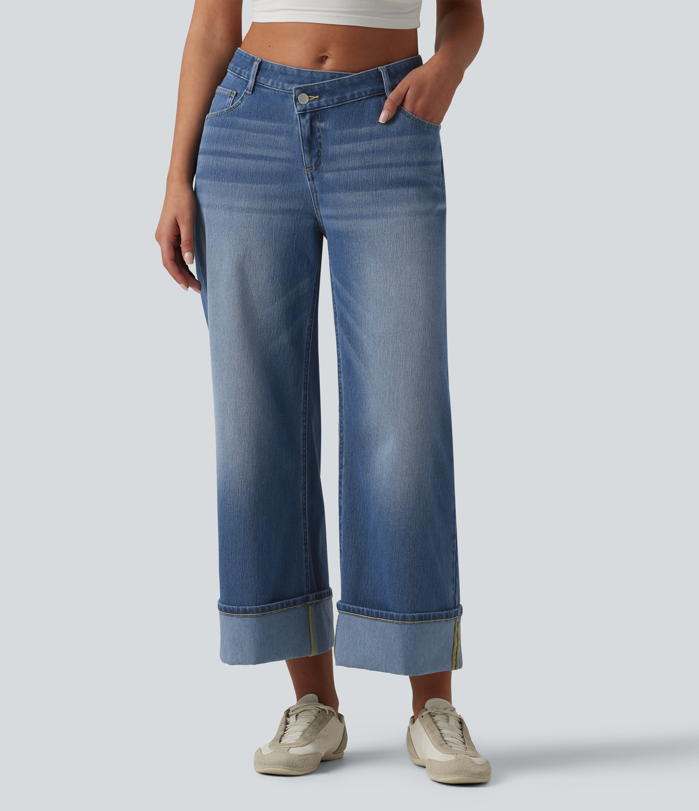 Halara Flex™ Asymmetric Mid Rise Rolled Hem Wide Leg Casual Jeans with Pockets
