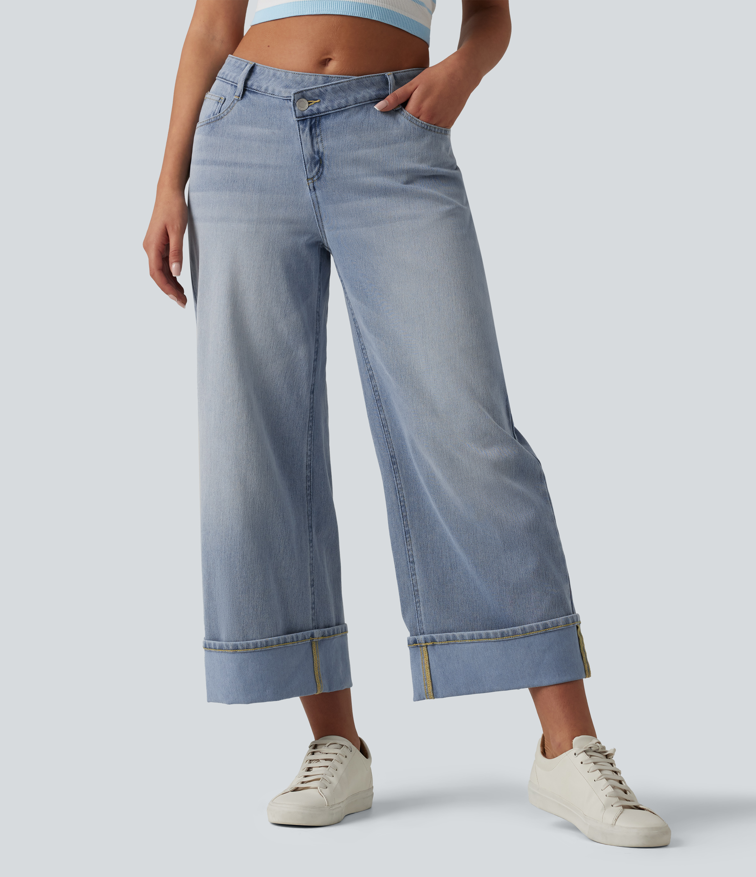 Halara Flex™ Asymmetric Mid Rise Rolled Hem Wide Leg Casual Jeans with Pockets