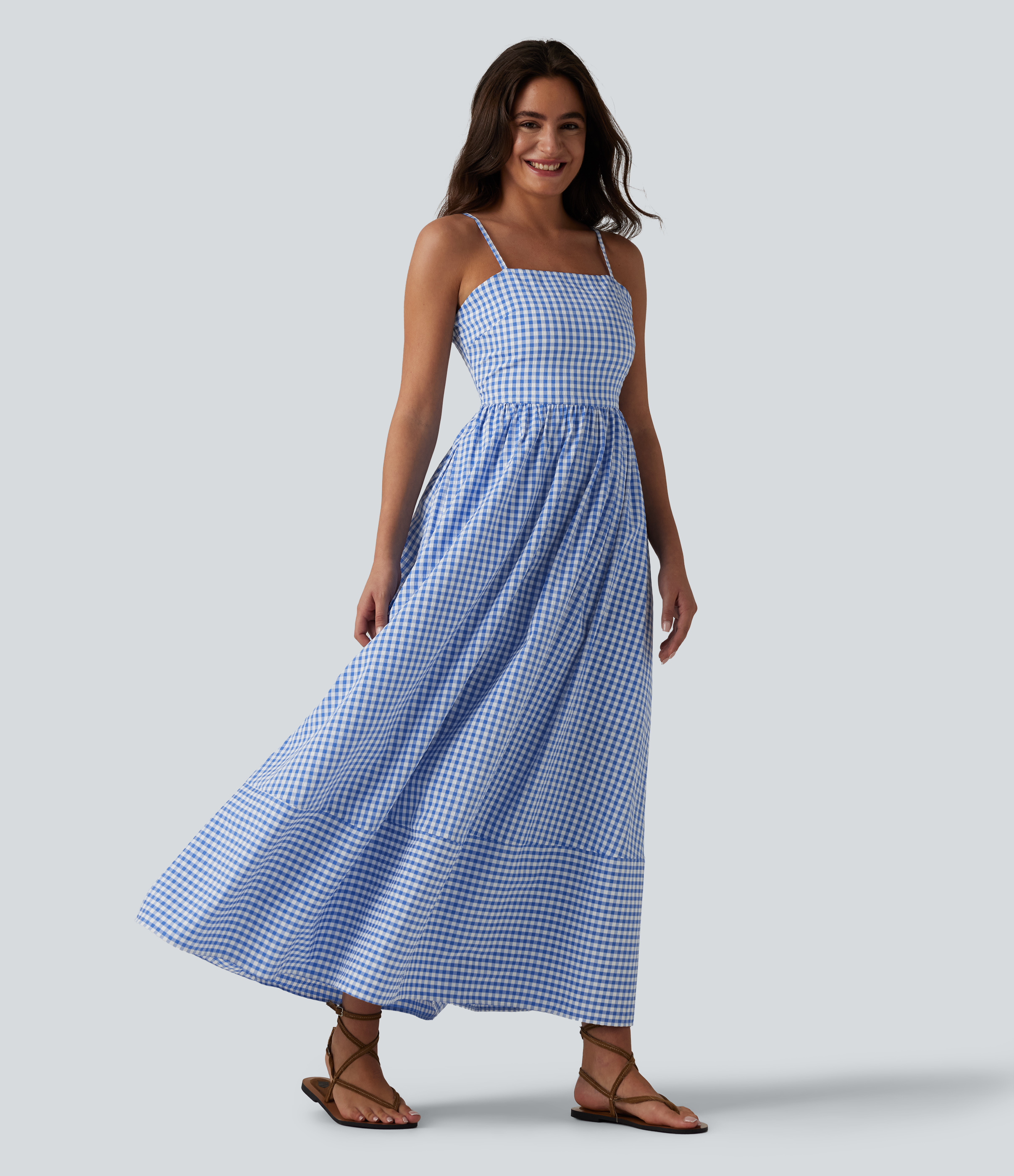 Invisible Zipper Gingham Flowy Maxi Casual Slip Dress with Pockets
