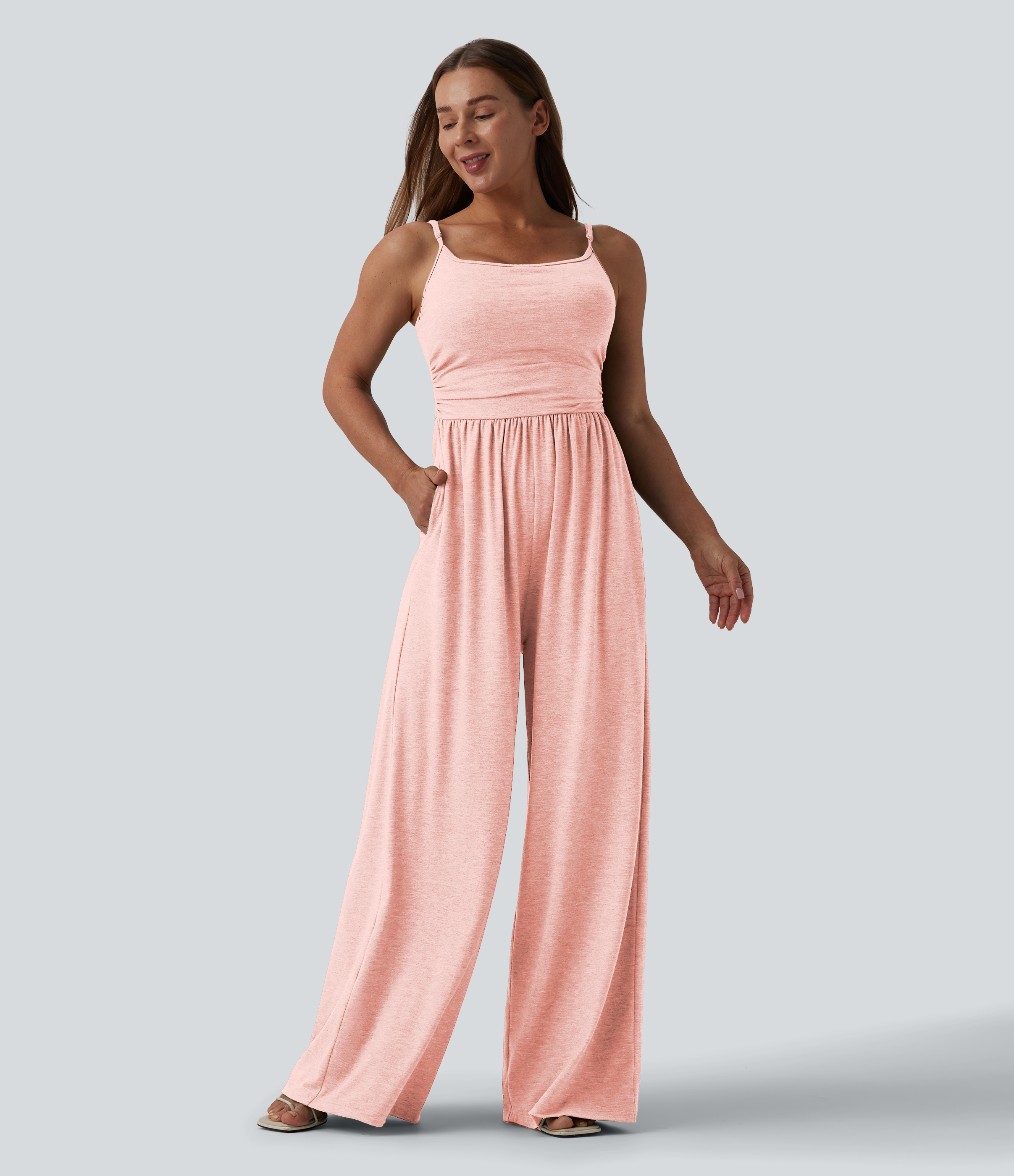 Adjustable Straps Ruched Wide Leg Heathered Casual Jumpsuit with Pockets-Easy Peezy