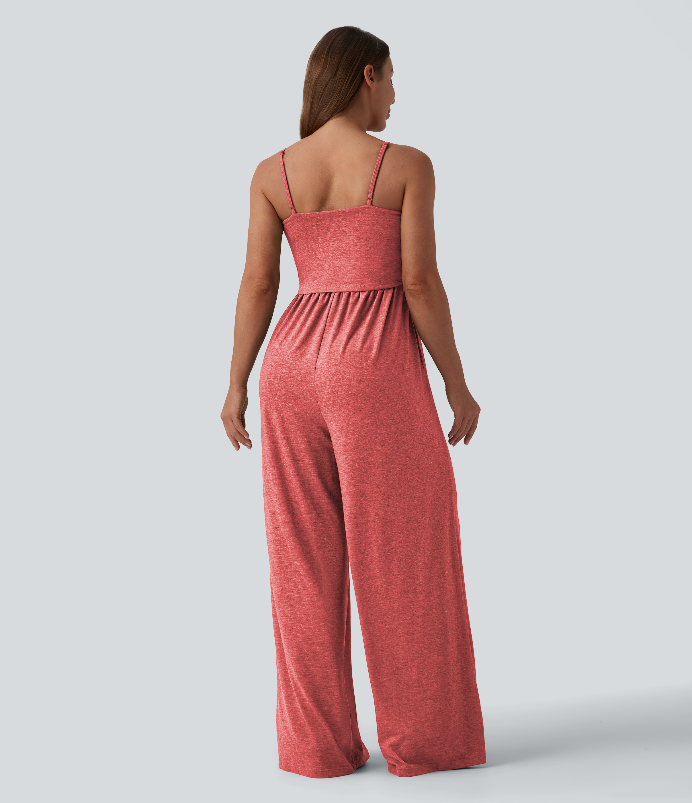 Poinsettia Floral Yarn Adjustable Straps Ruched Wide Leg Heathered Casual Jumpsuit with Pockets-Easy Peezy / 2