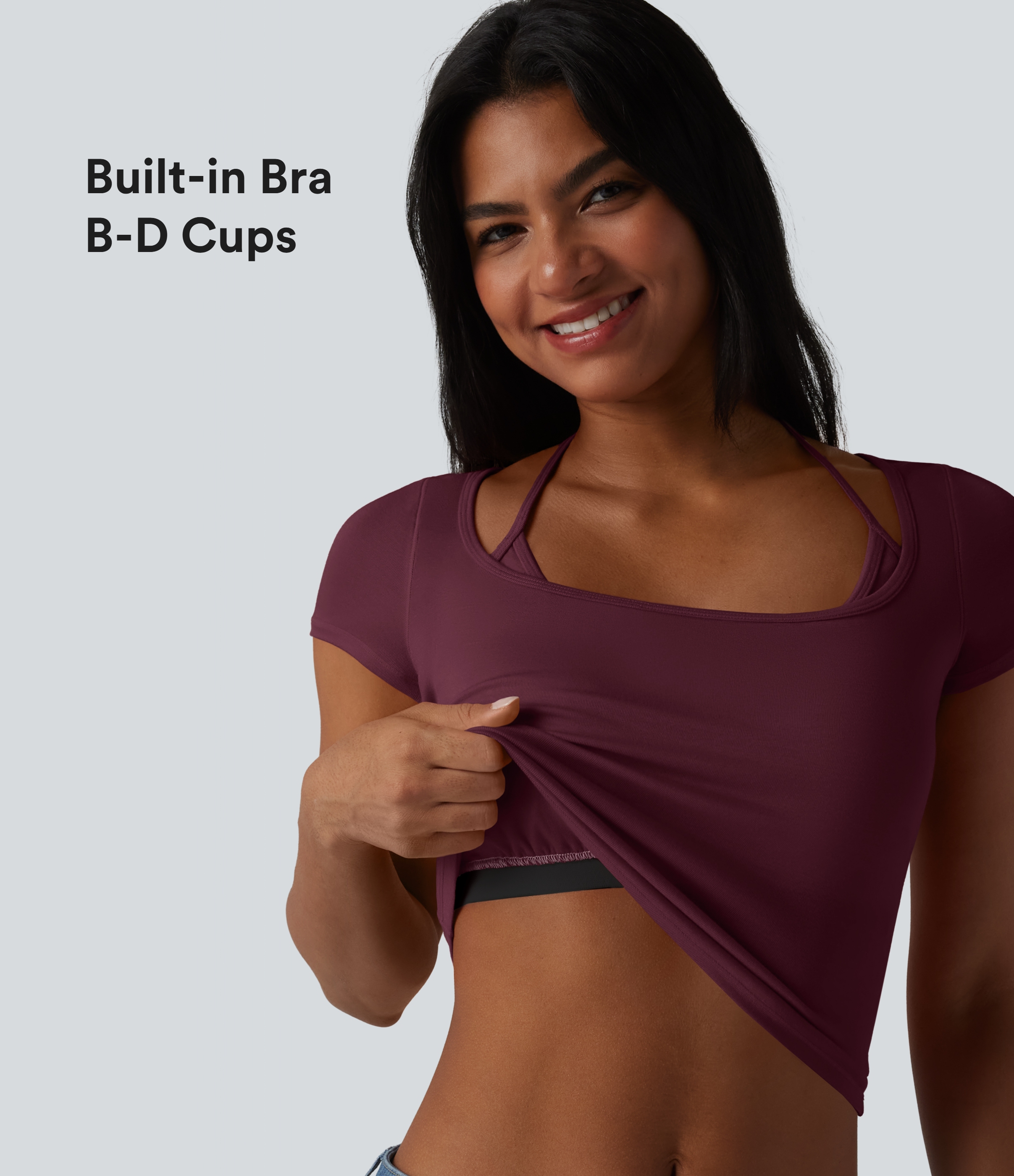 Ribbed Halter Tie Back Built-in Bra Short Sleeve Cropped Casual T-Shirt