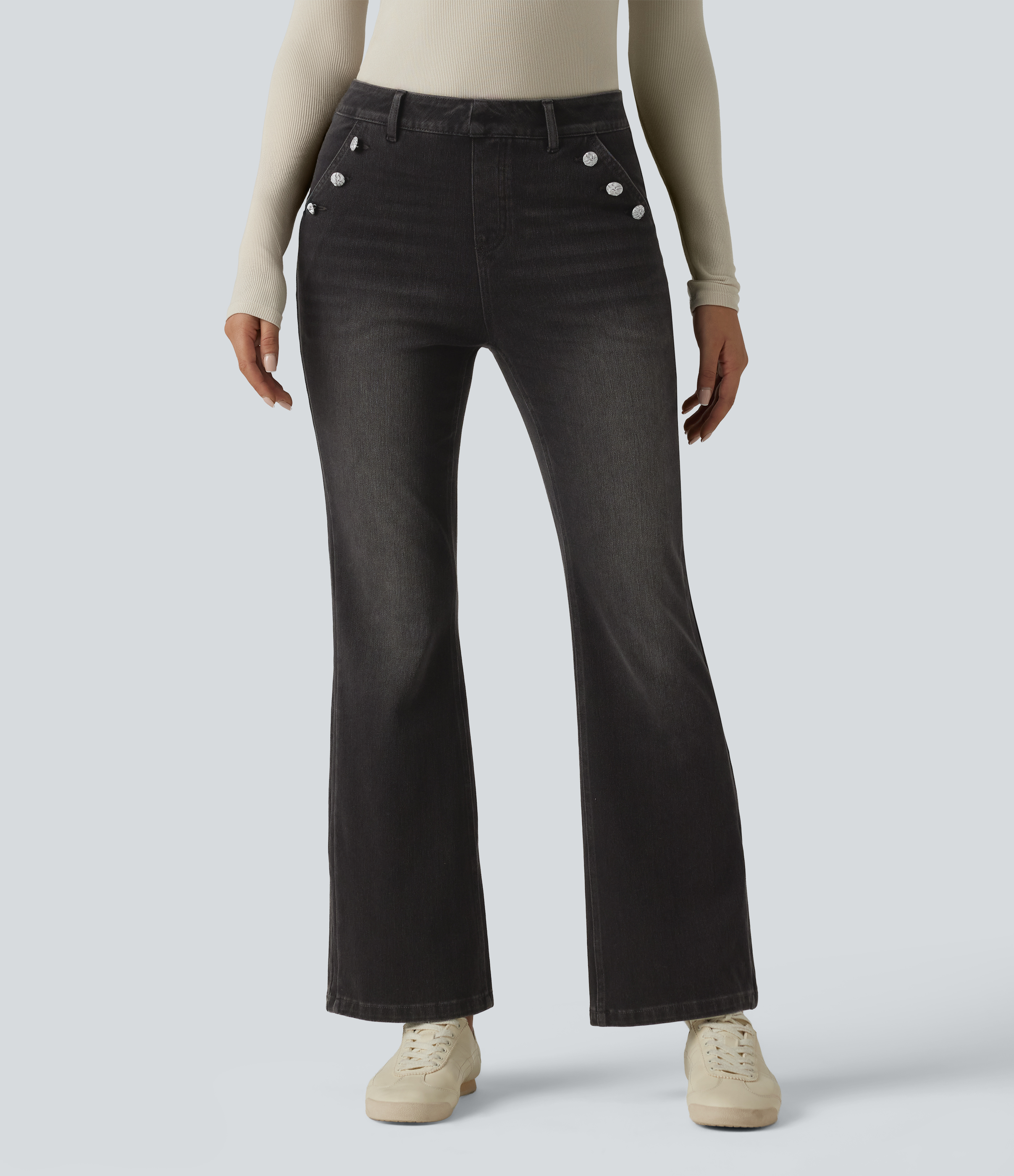 Halara Flex™ Mid Rise Decorative Buttons Casual Bootcut Jeans with Pockets