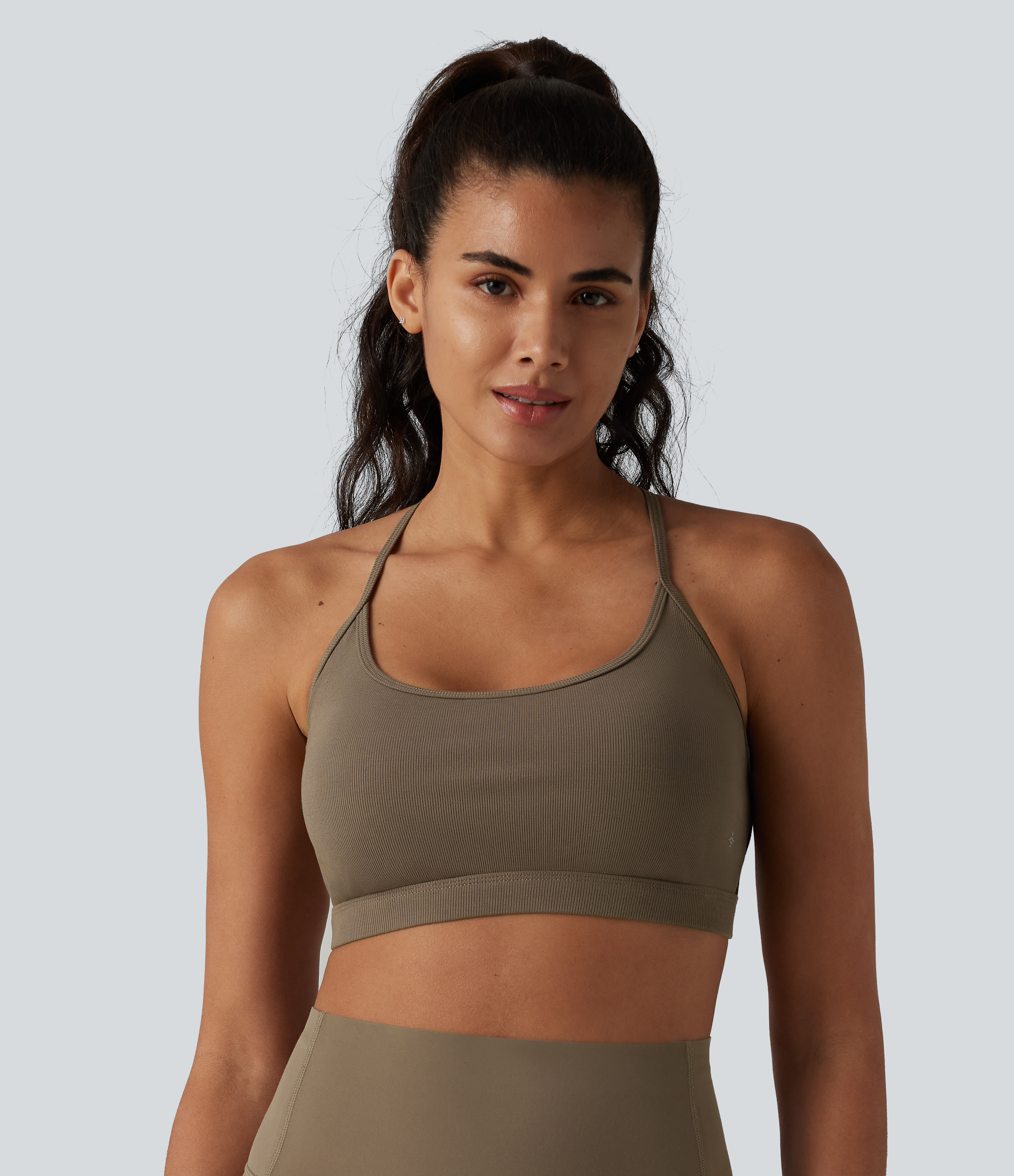 Dawn Brown Ribbed Knit Low Support Crisscross Backless Built-in Bra Yoga Sports Bra / 2