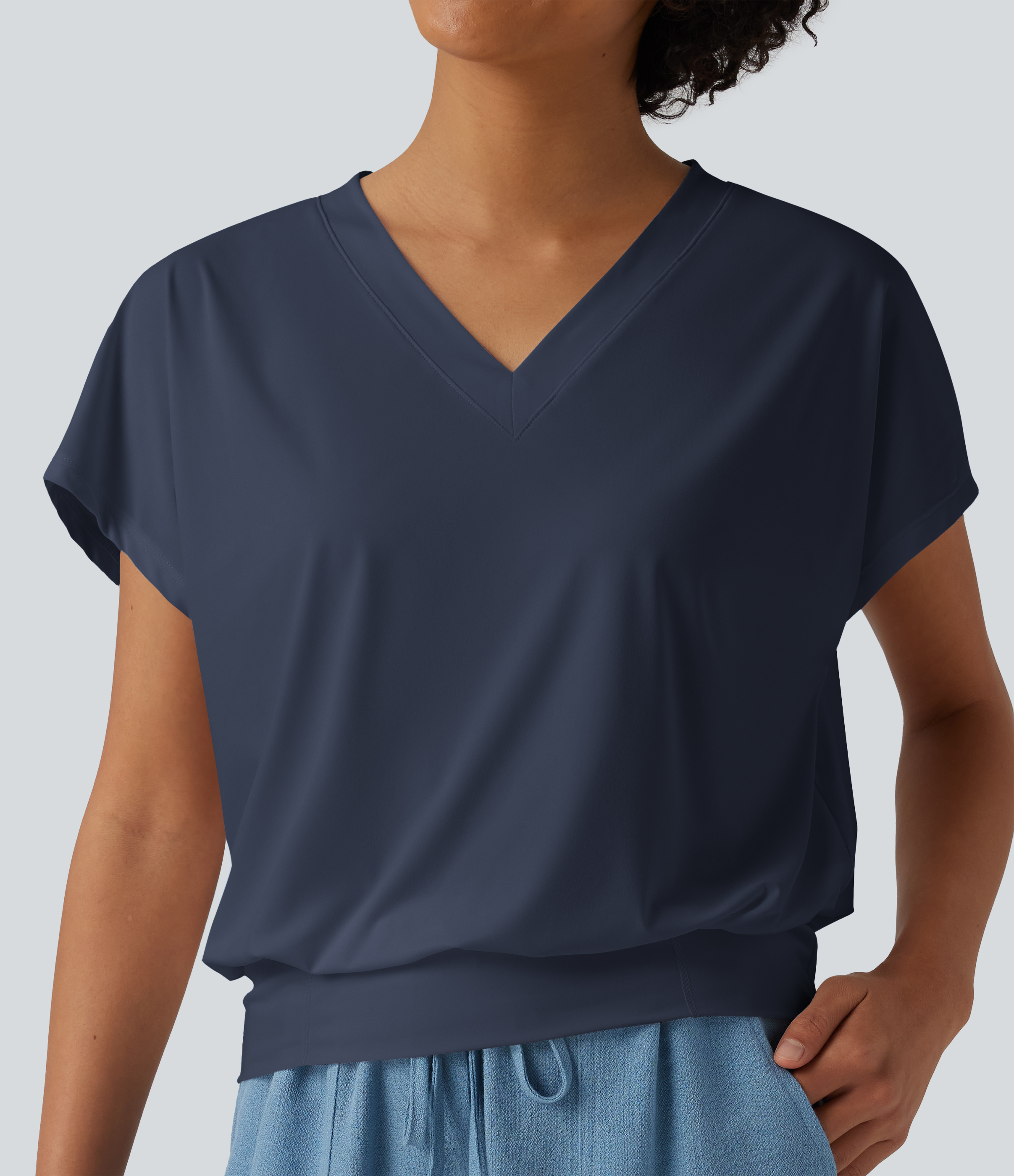 Top deportivo de yoga con escote en V, manga corta, holgado, tacto fresco y secado rápido