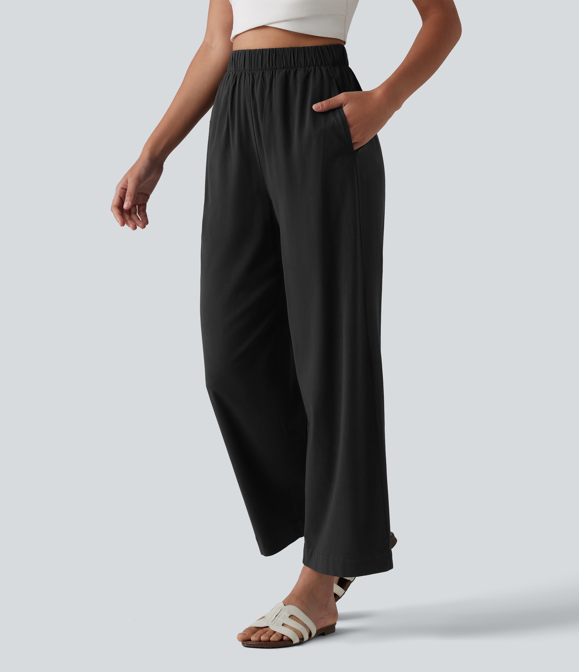 High Waisted Straight Leg 7/8 Casual Stretch Linen Pants with Pockets