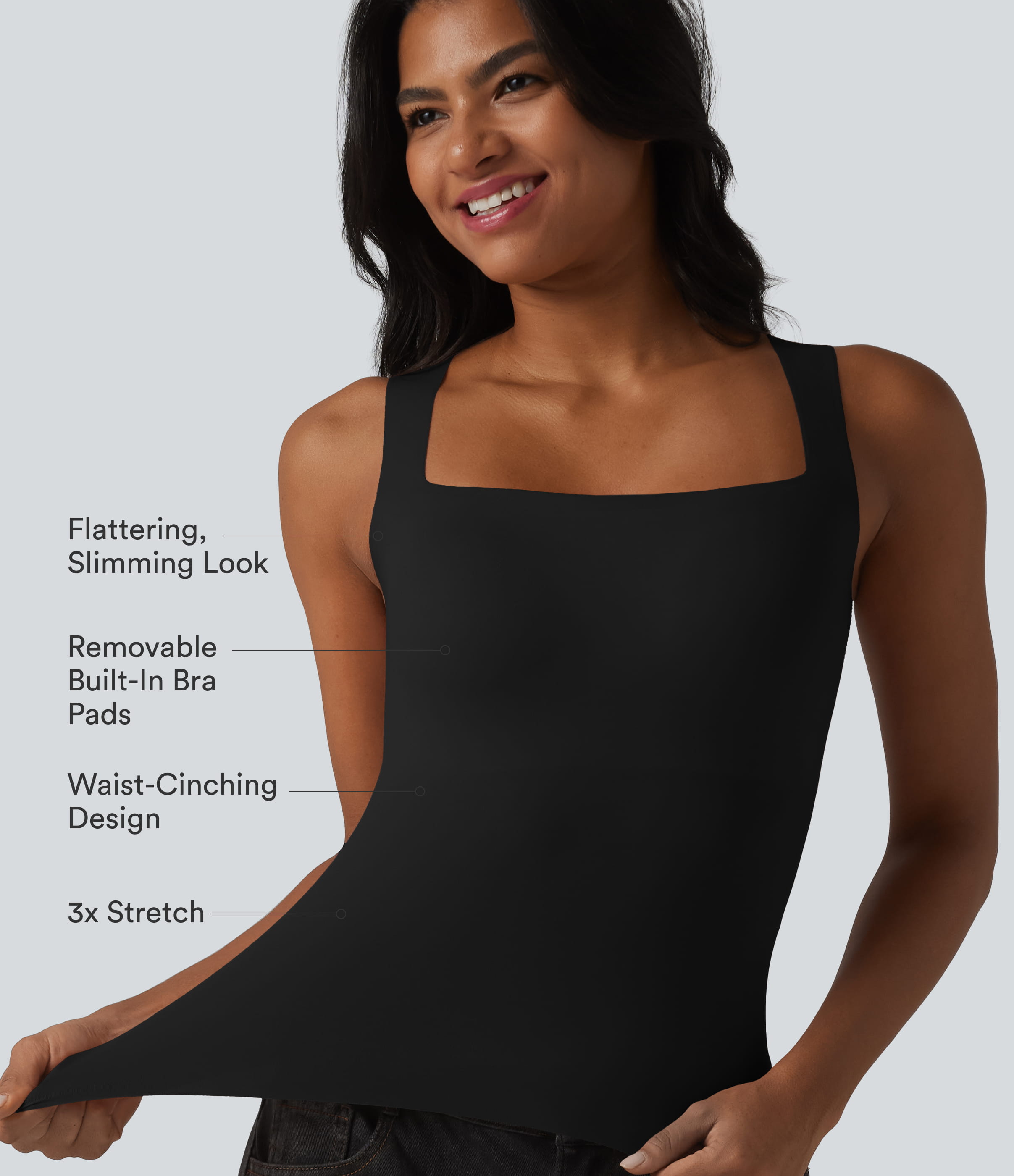 Black Square Neck Built-in Bra Casual Tank Top B-E Cups / 2