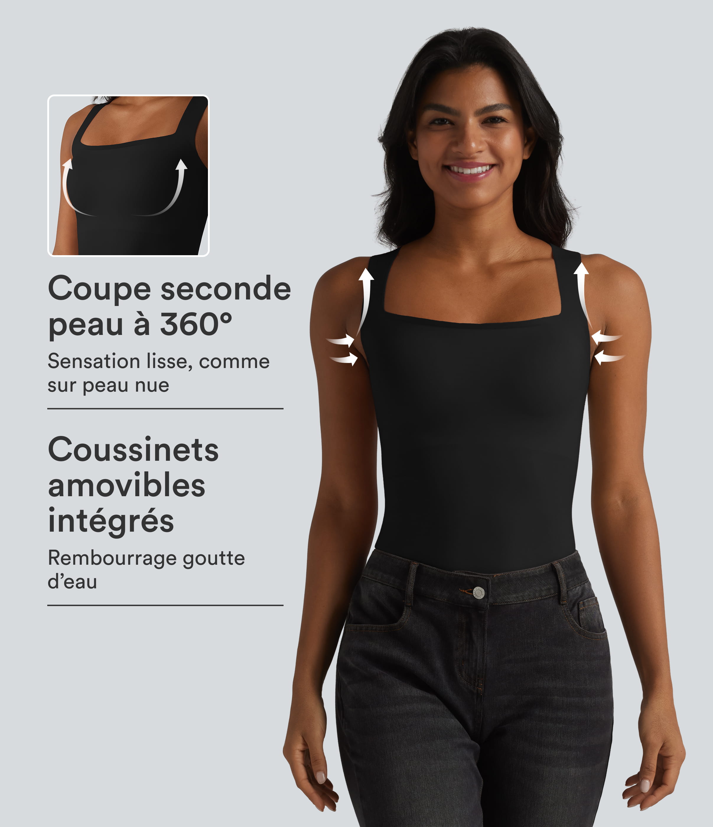 Débardeur décontracté col carré avec soutien-gorge intégré bonnets B-E