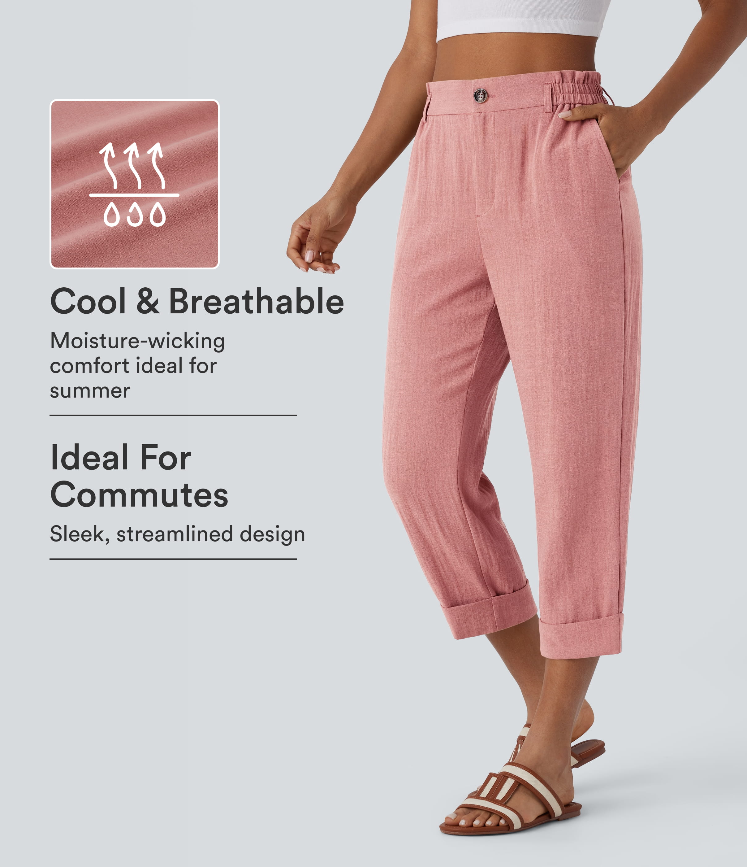 High Waisted Zipper Pocket Cropped Linen-Feel Pants