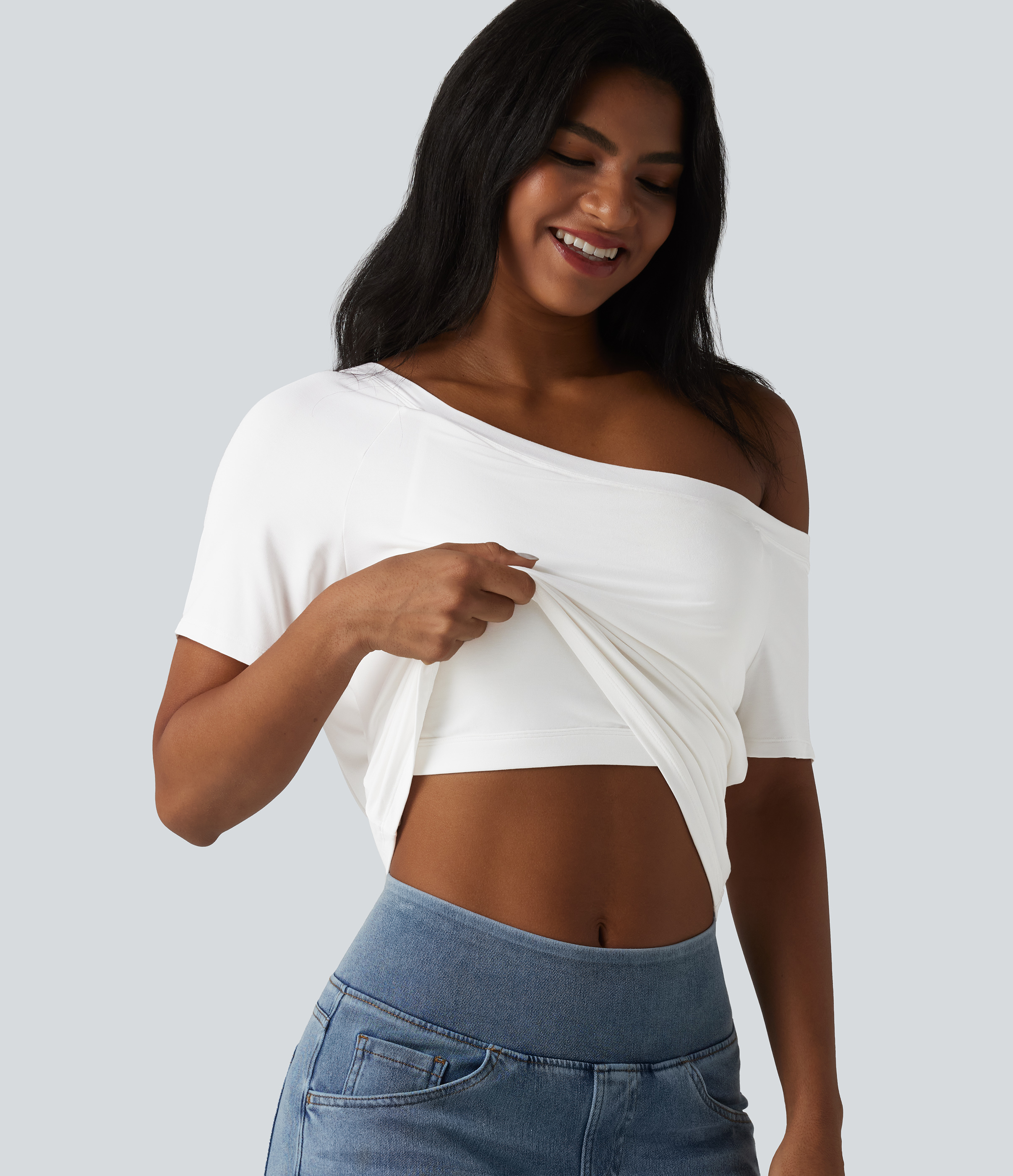 One Shoulder Short Sleeve Built-in Bra Tie Front Casual T-Shirt