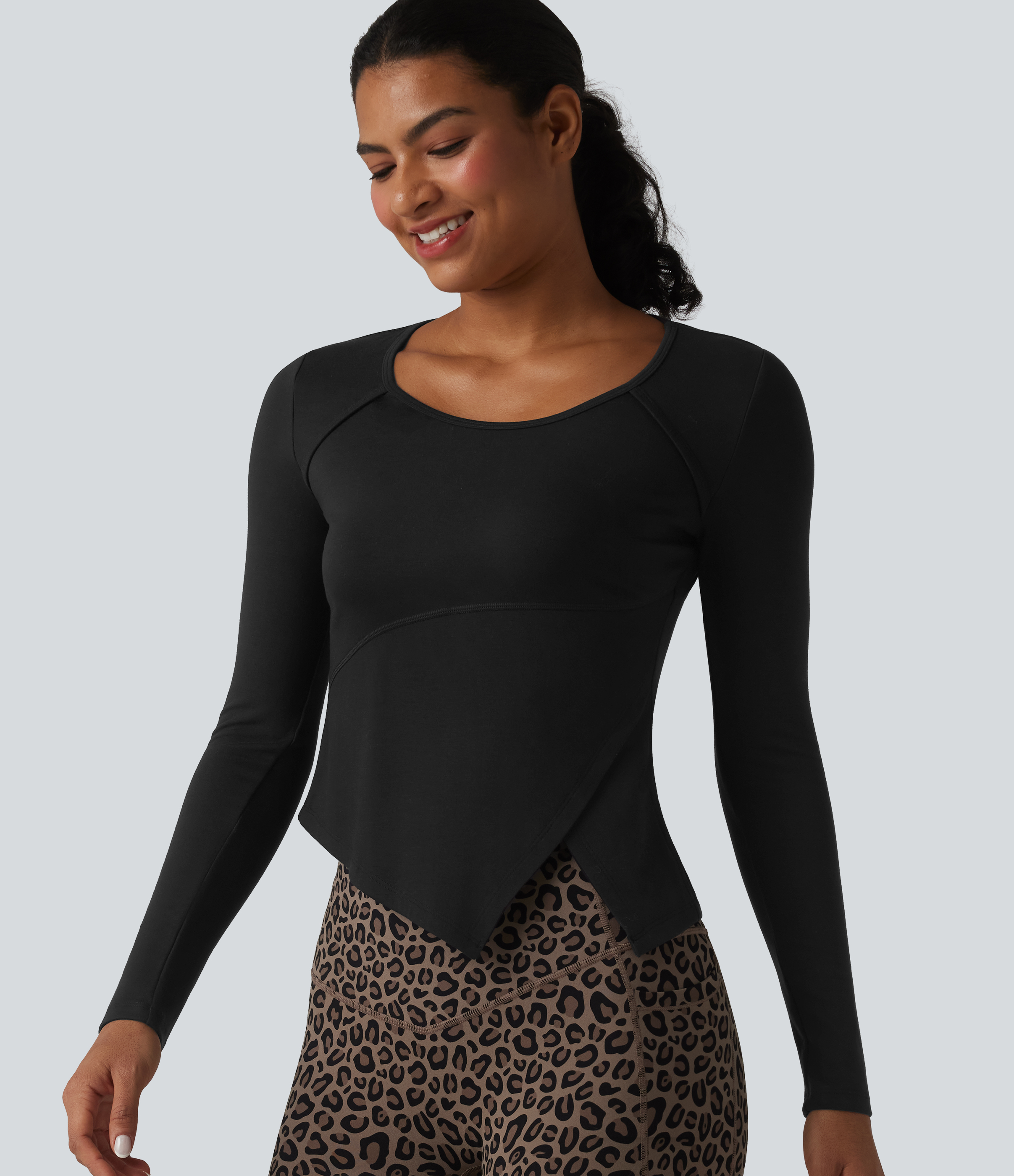 Halara HeatCore Round Neck Long Sleeve Asymmetric Hem Workout Warming Top