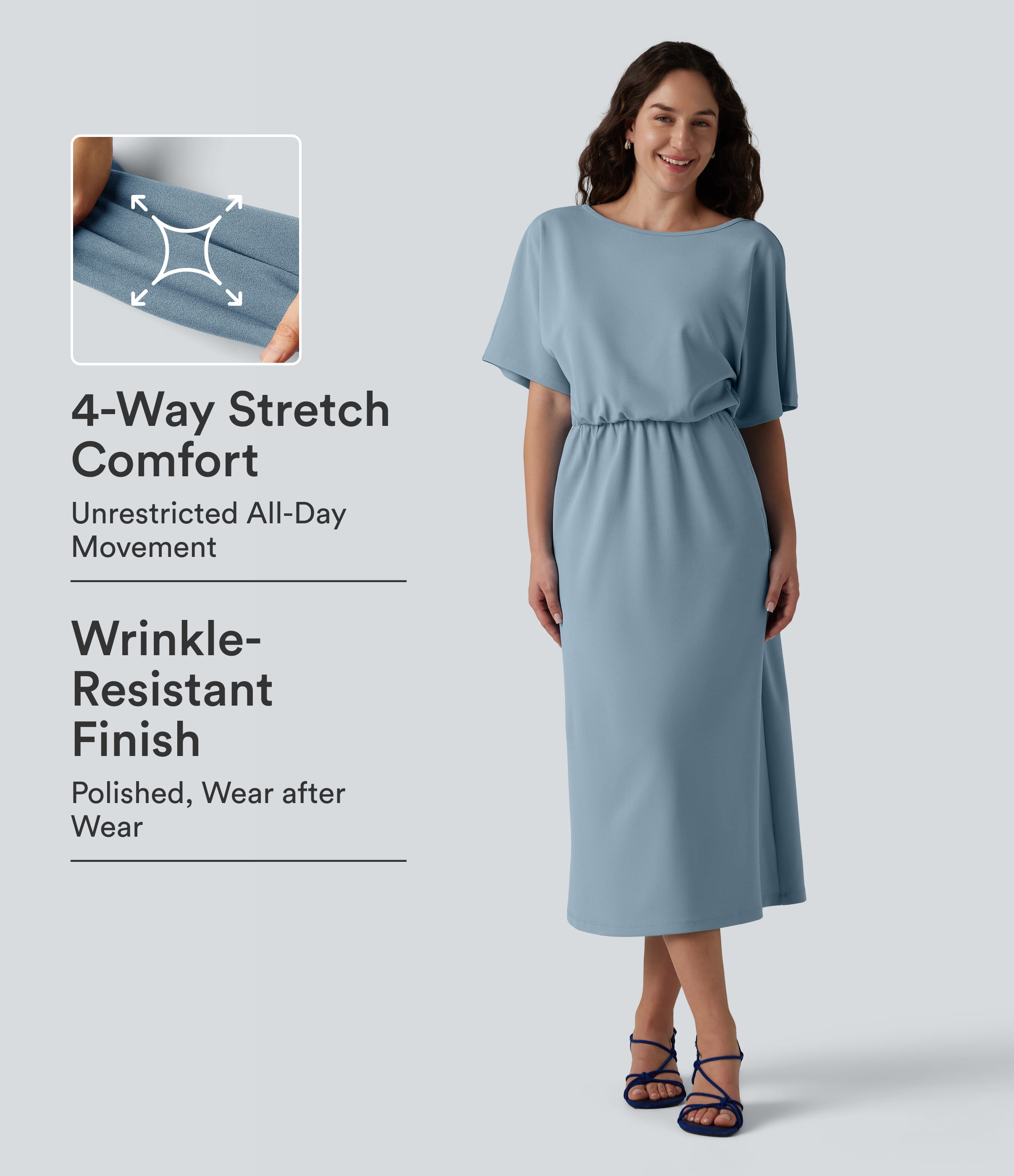 Robe tailleur midi infroissable col bateau manches courtes