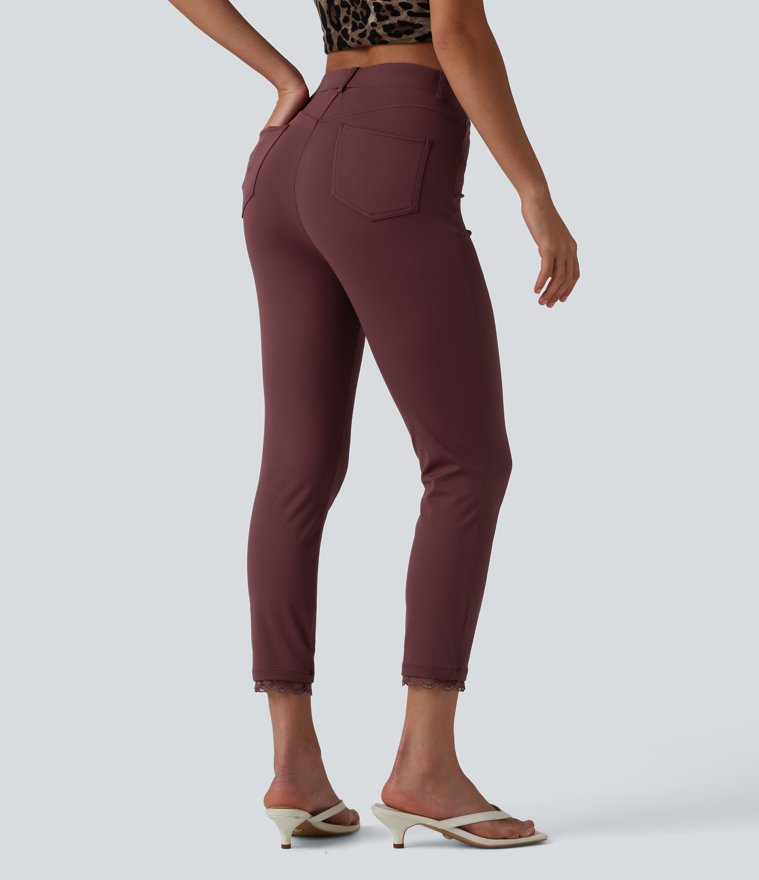 DayStretch High Waisted Contrast Lace Casual Cropped Leggings with Pockets