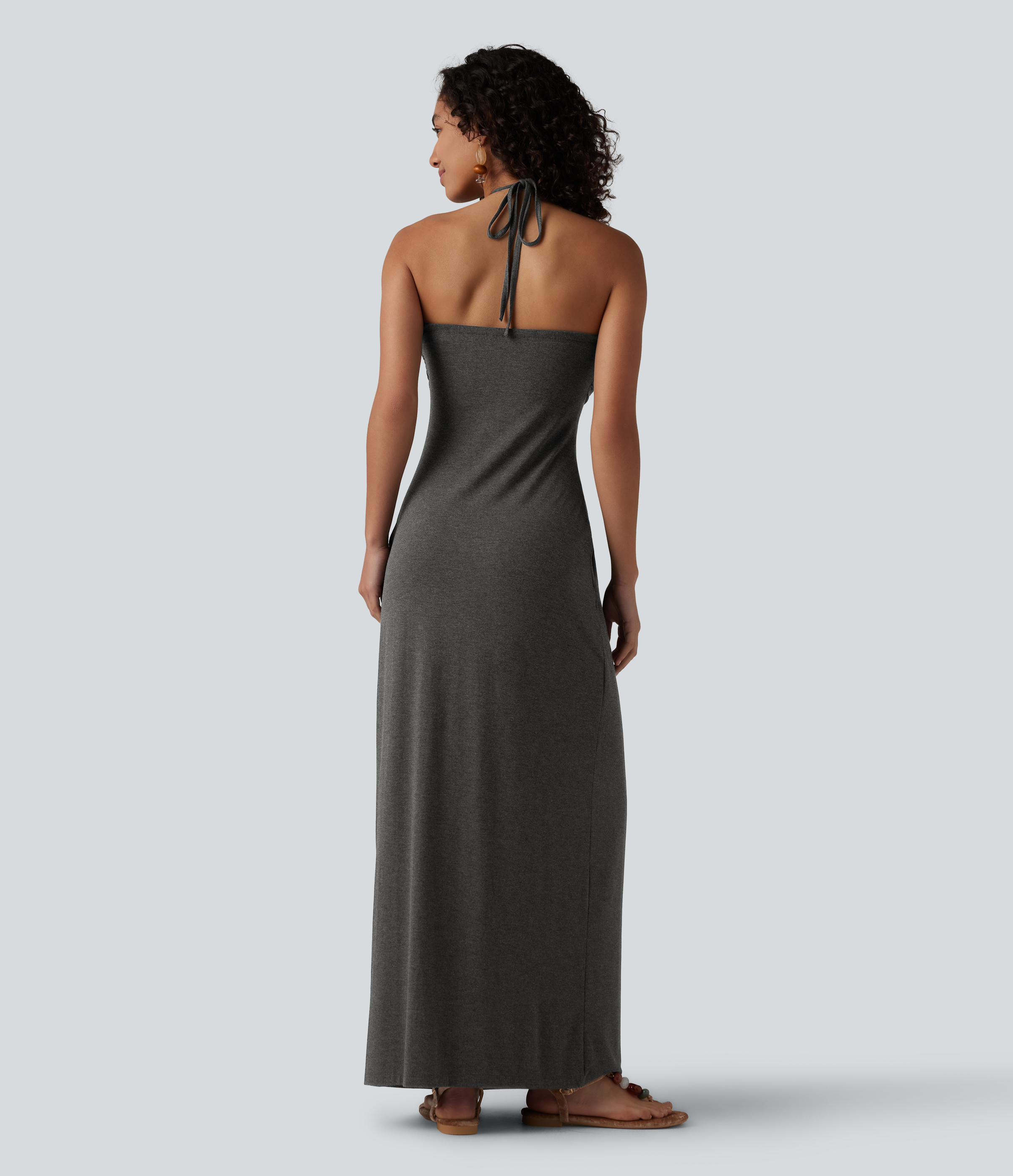 Darl Gray Floral Yarn Robe maxi à col halter, nouée dans le dos, avec soutien-gorge intégré et poches / 2