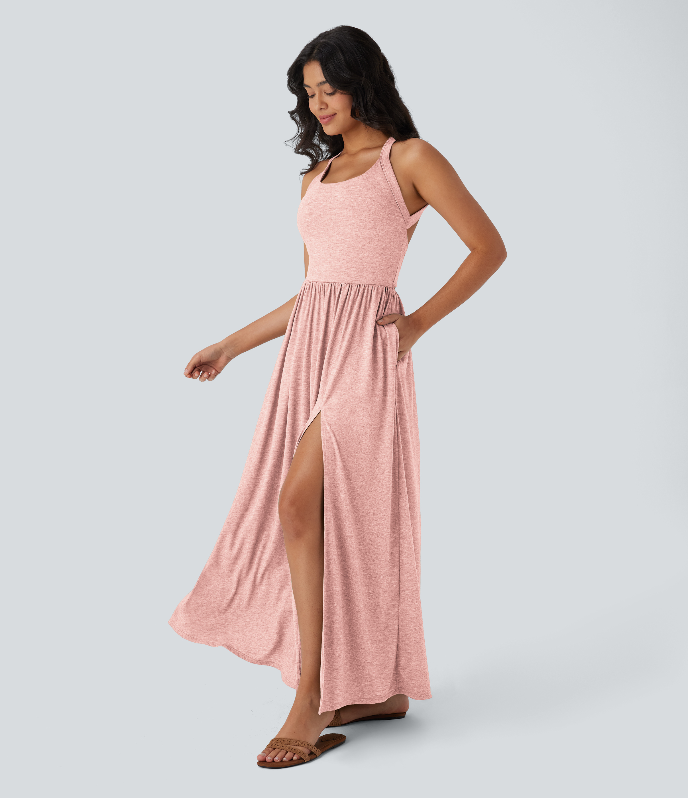 XS Creole Pink Floral Yarn Twisted Backless Split Flowy Maxi Resort Dress with Pockets