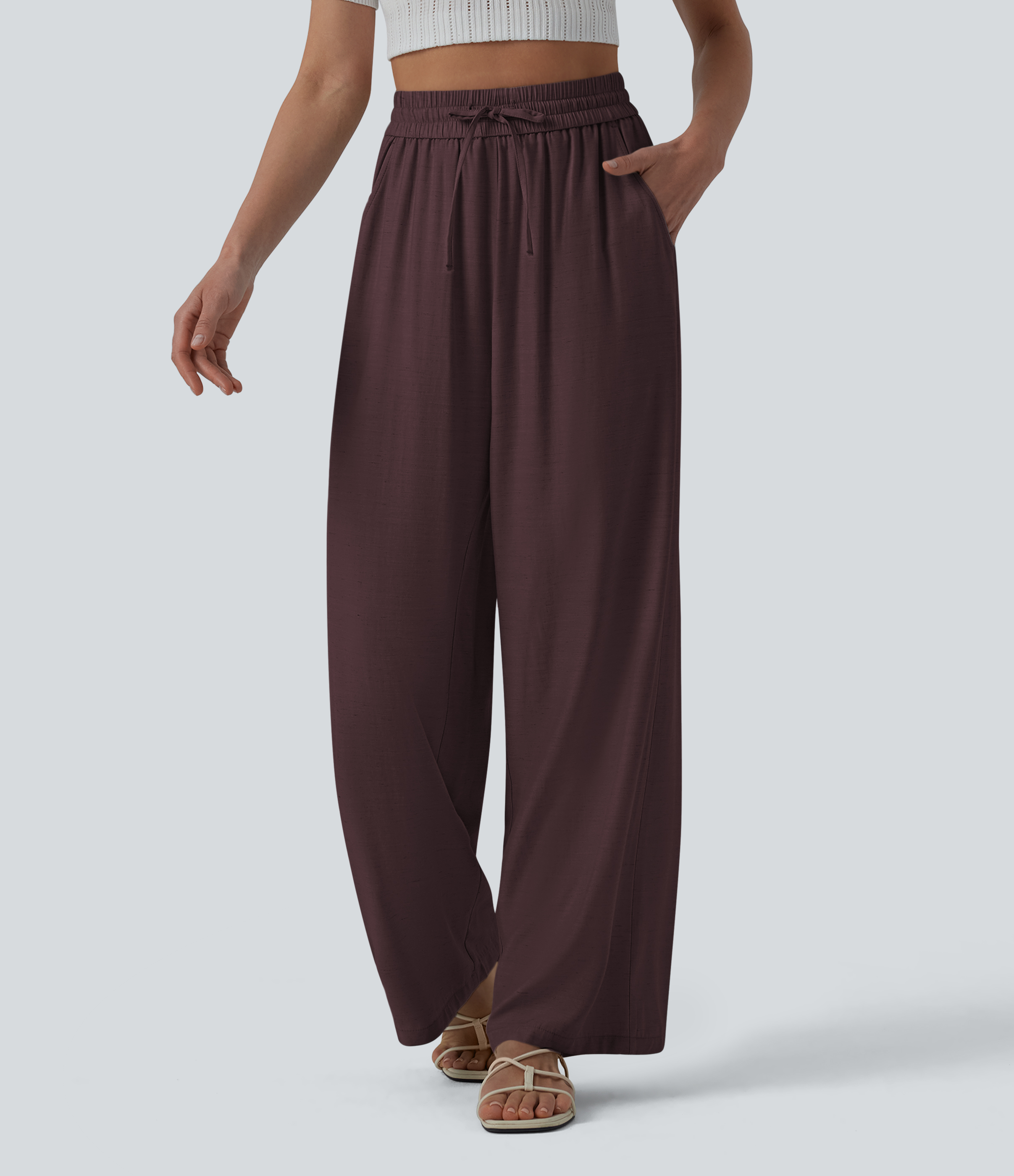 High Waisted Drawstring Wide Leg Casual Linen-Blend Pants with Pockets