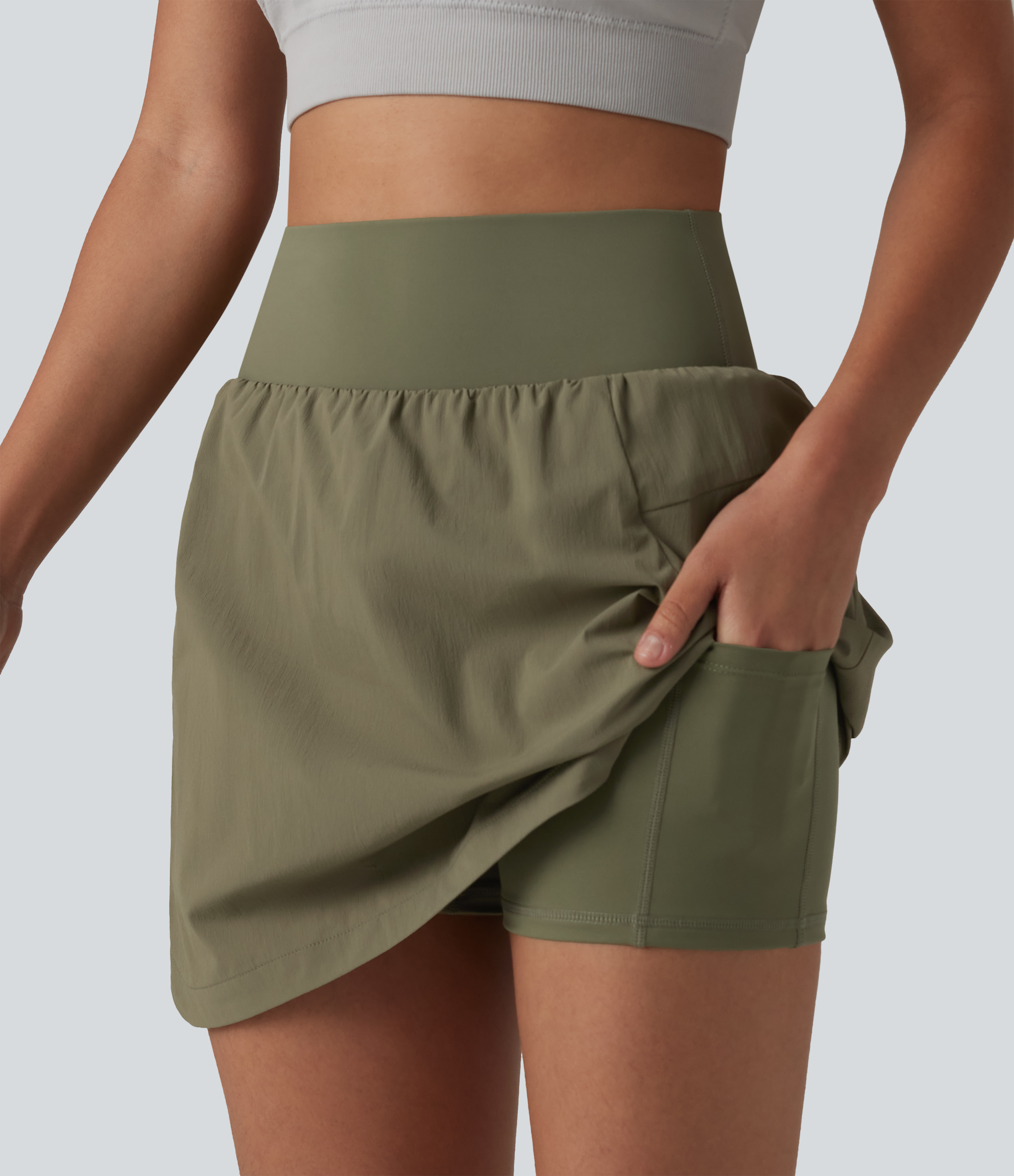 High Waisted Curved Hem 2-in-1 Mini Hiking Skirt with Pockets