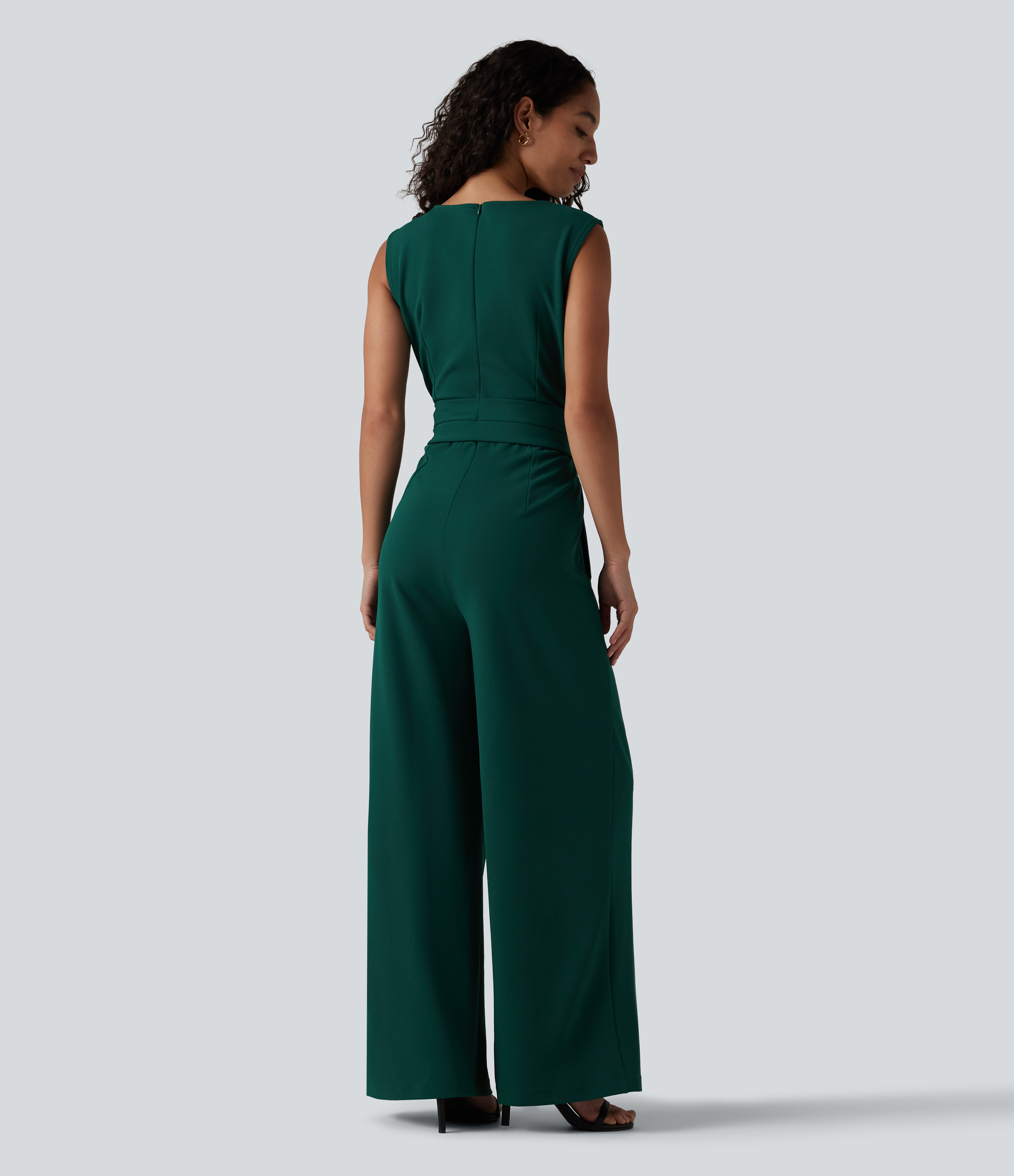 Rain Forest Wrinkle Recovery Boat Neck Sleeveless Tie-side Work Jumpsuit with Pockets-Easy Peezy / 2