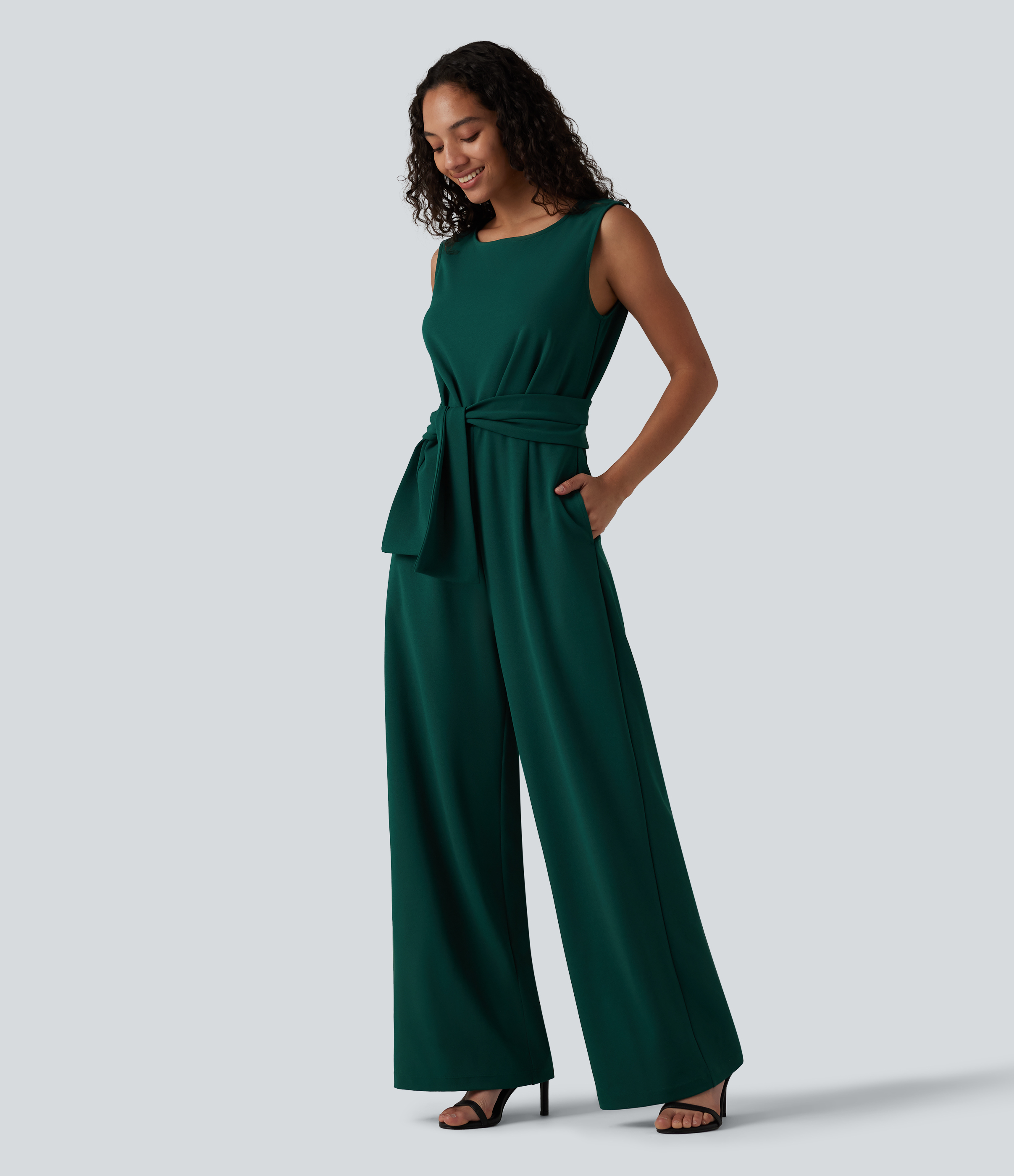 Wrinkle-resistant Boat Neck Sleeveless Tie-side Work Jumpsuit with Pockets-Easy Peezy